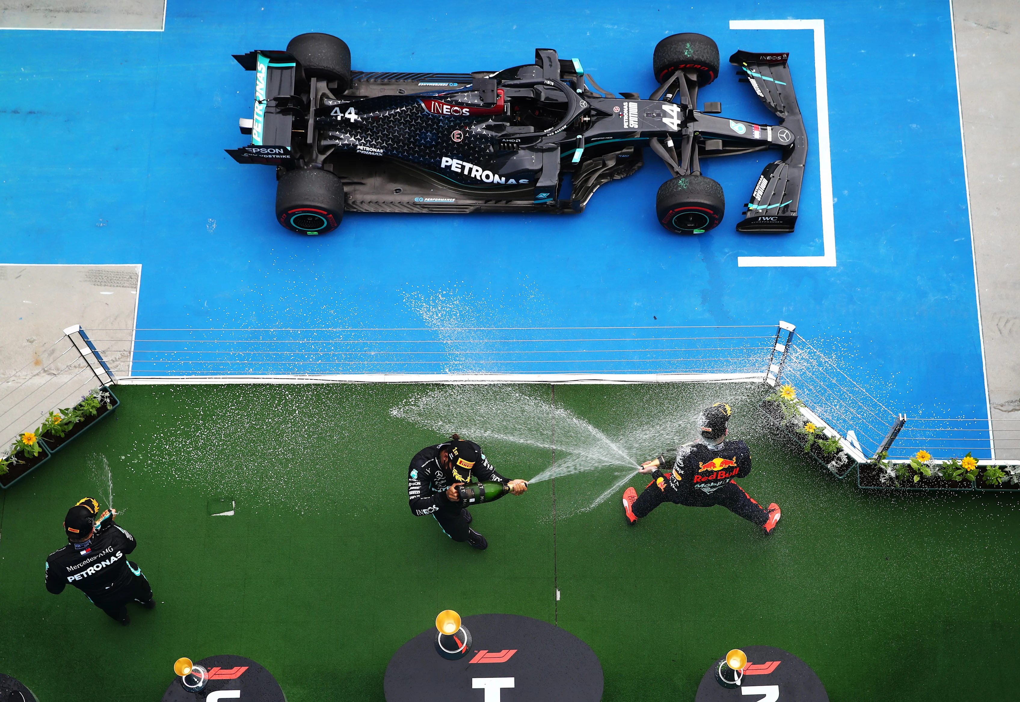 BUDAPEST, HUNGARY - JULY 19: Race winner Lewis Hamilton of Great Britain and Mercedes GP, second