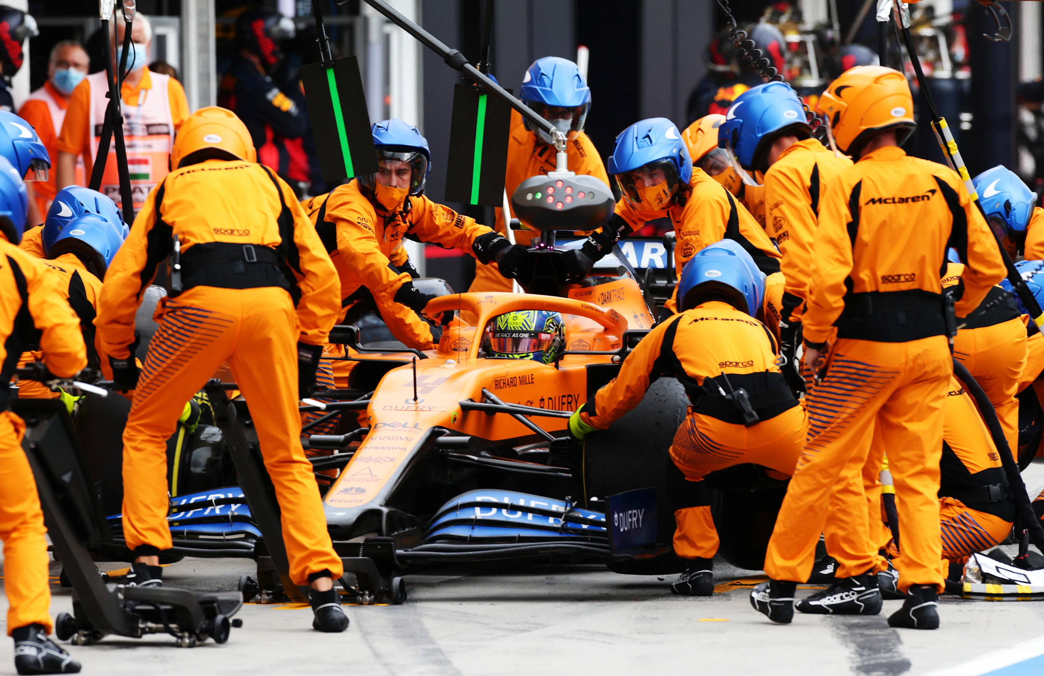 BUDAPEST, HUNGARY - JULY 19: Lando Norris of Great Britain driving the (4) McLaren F1 Team MCL35