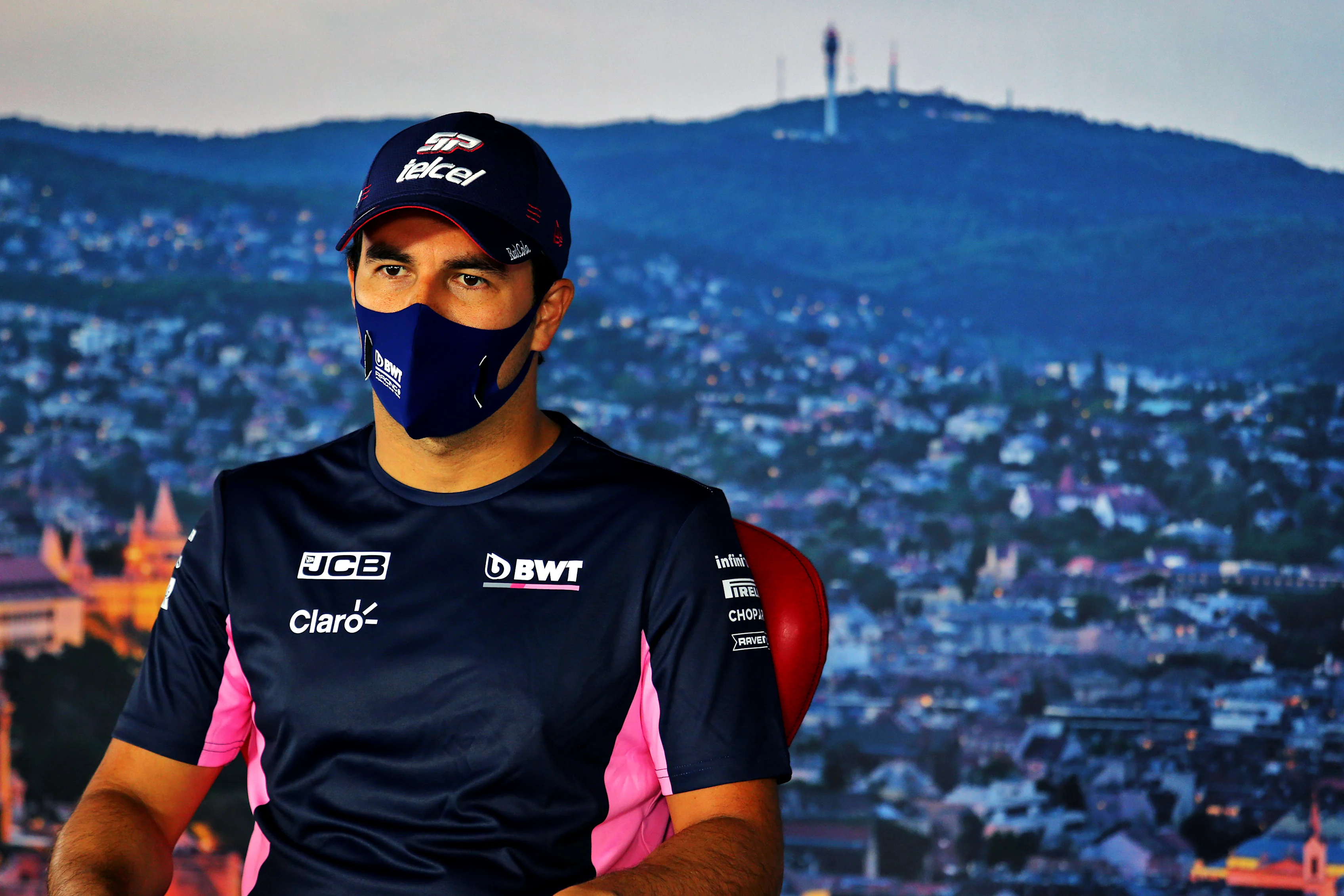 BUDAPEST, HUNGARY - JULY 16: Sergio Perez of Mexico and Racing Point talks in the Drivers Press