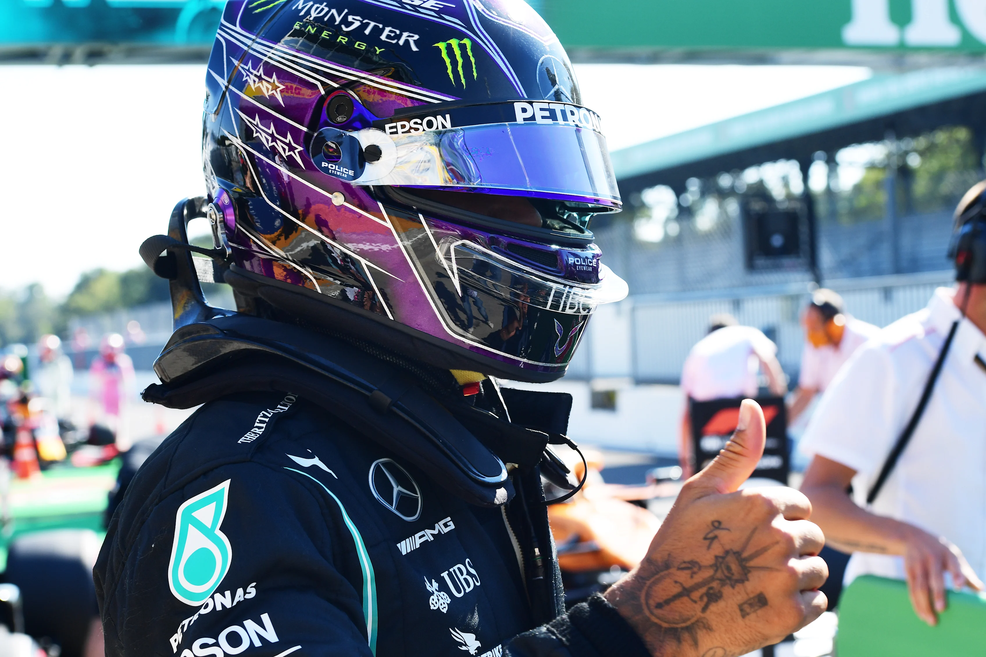 MONZA, ITALY - SEPTEMBER 05: Pole position qualifier Lewis Hamilton of Great Britain and Mercedes
