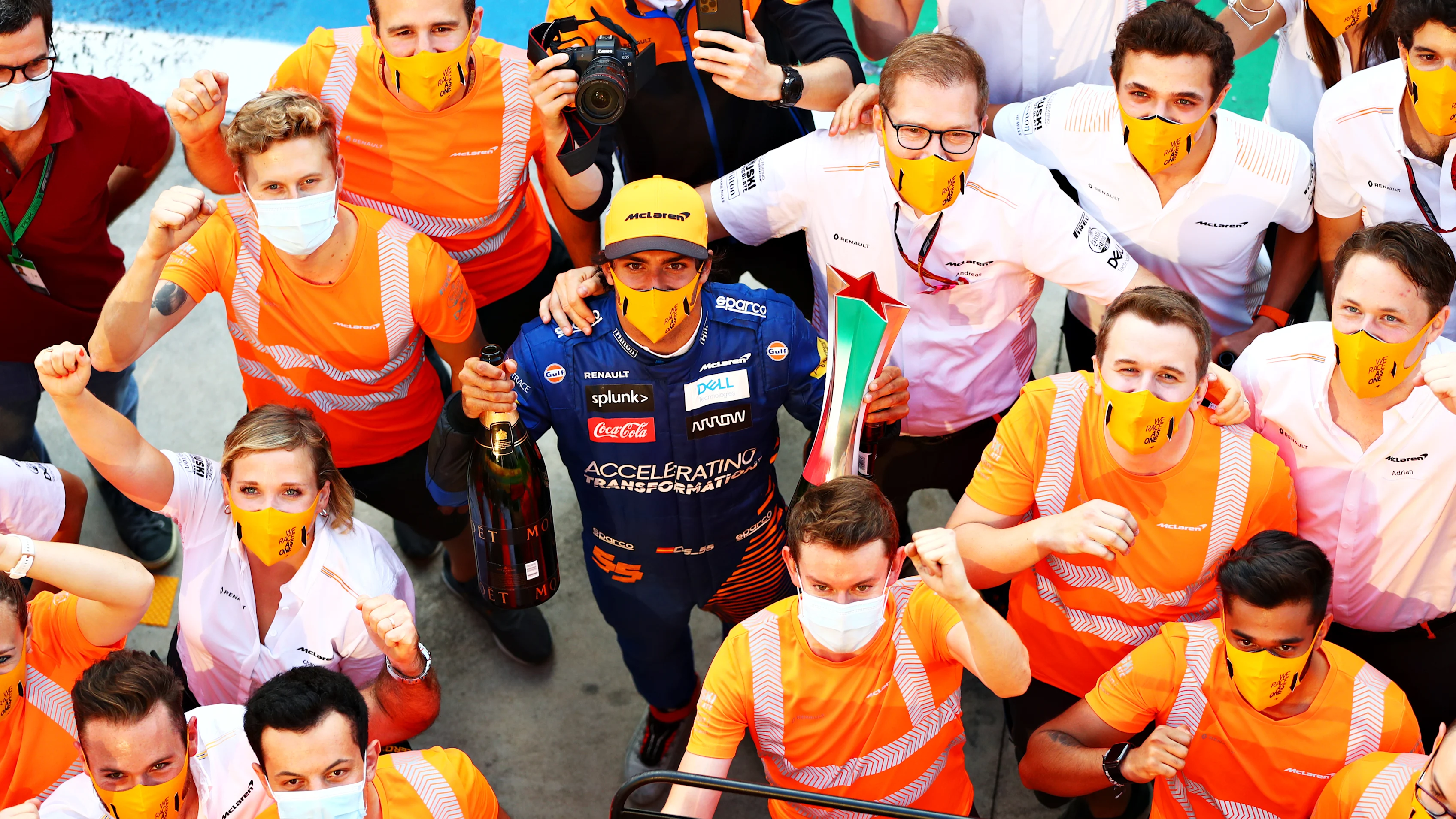 MONZA, ITALY - SEPTEMBER 06: Second placed Carlos Sainz of Spain and McLaren F1 celebrates with