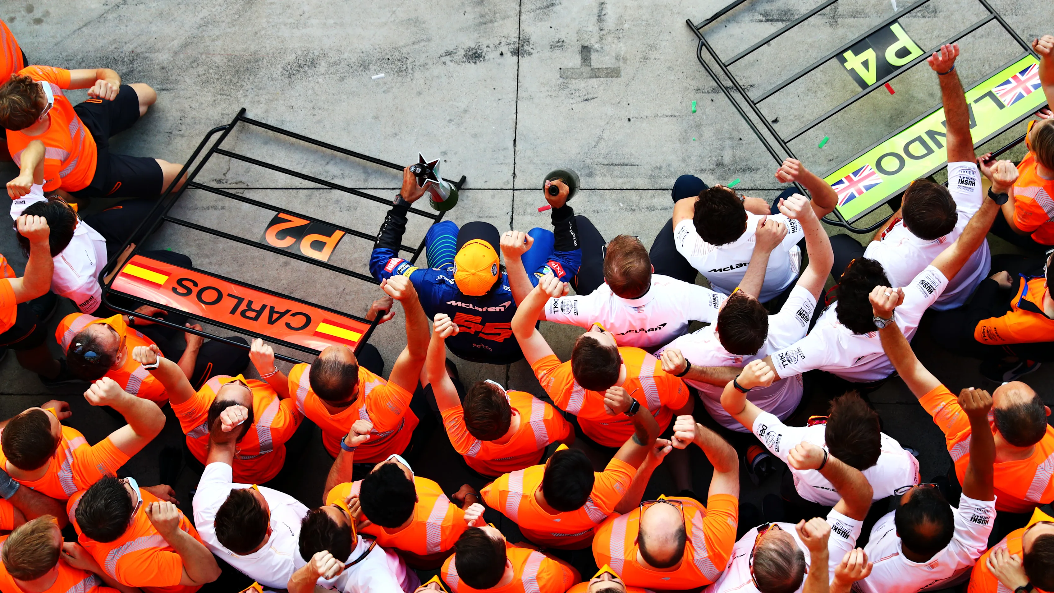 MONZA, ITALY - SEPTEMBER 06: Second placed Carlos Sainz of Spain and McLaren F1 celebrates with