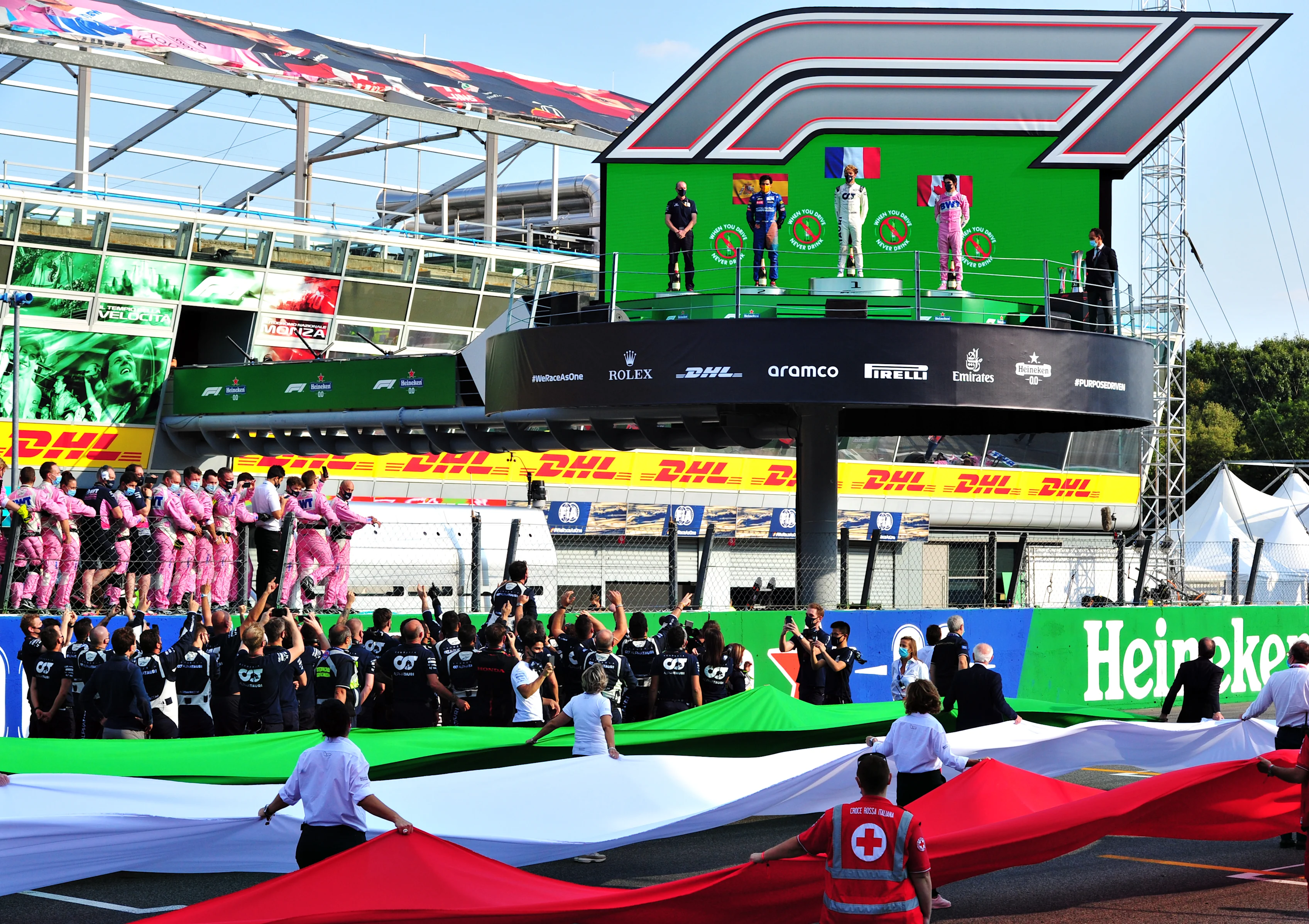 MONZA, ITALY - SEPTEMBER 06: Race winner Pierre Gasly of France and Scuderia AlphaTauri, second