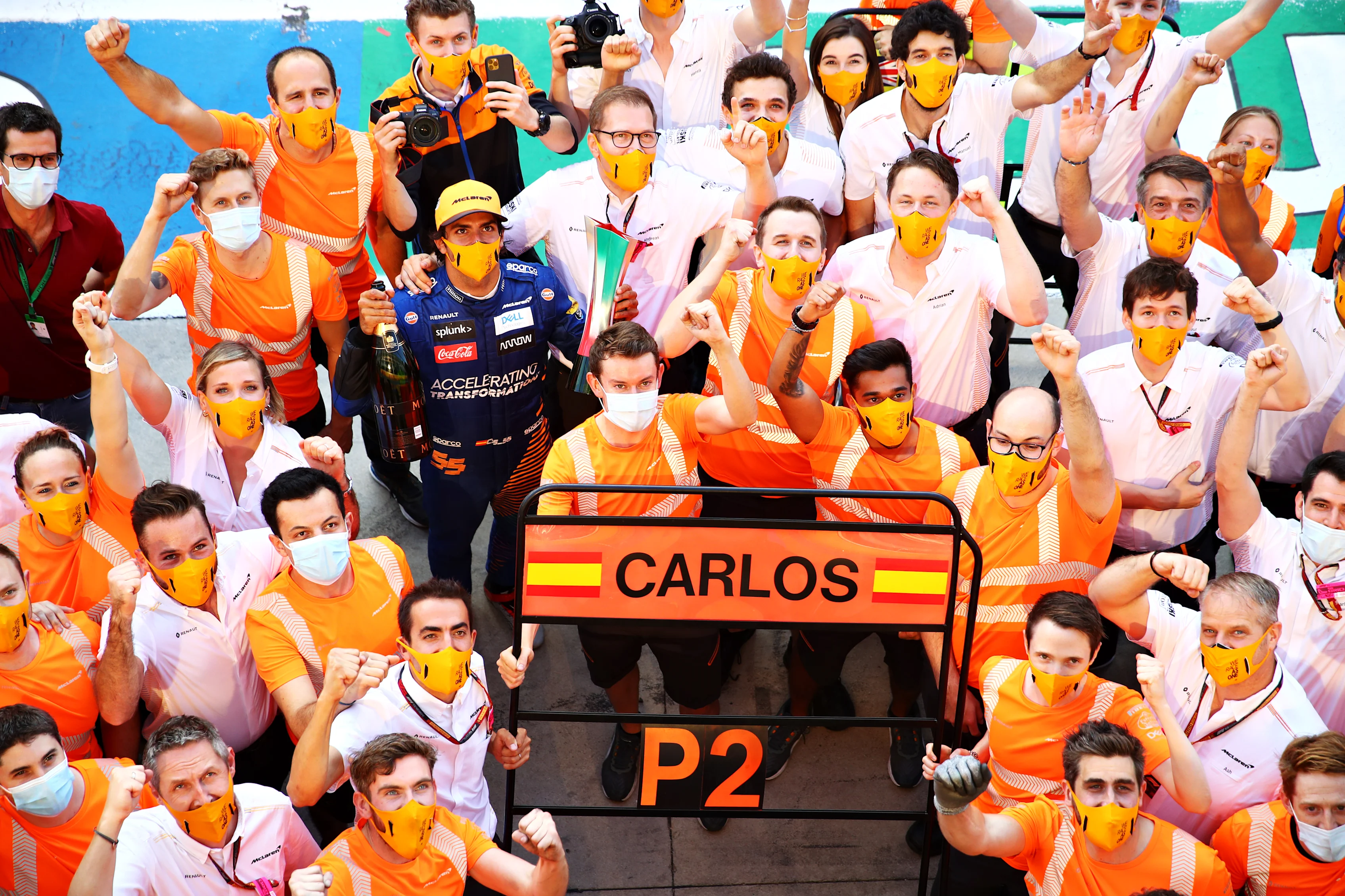 MONZA, ITALY - SEPTEMBER 06: Second placed Carlos Sainz of Spain and McLaren F1 celebrates with
