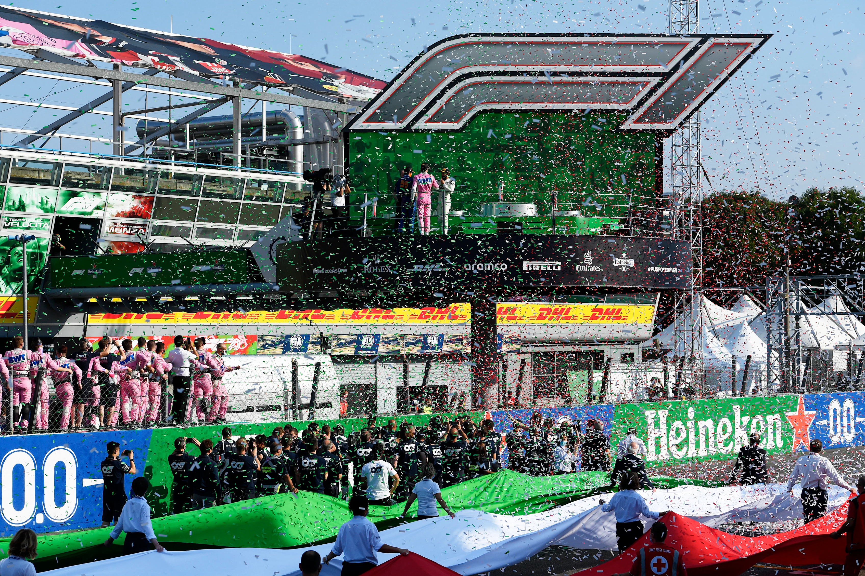 MONZA, ITALY - SEPTEMBER 06: Race winner Pierre Gasly of France and Scuderia AlphaTauri, second