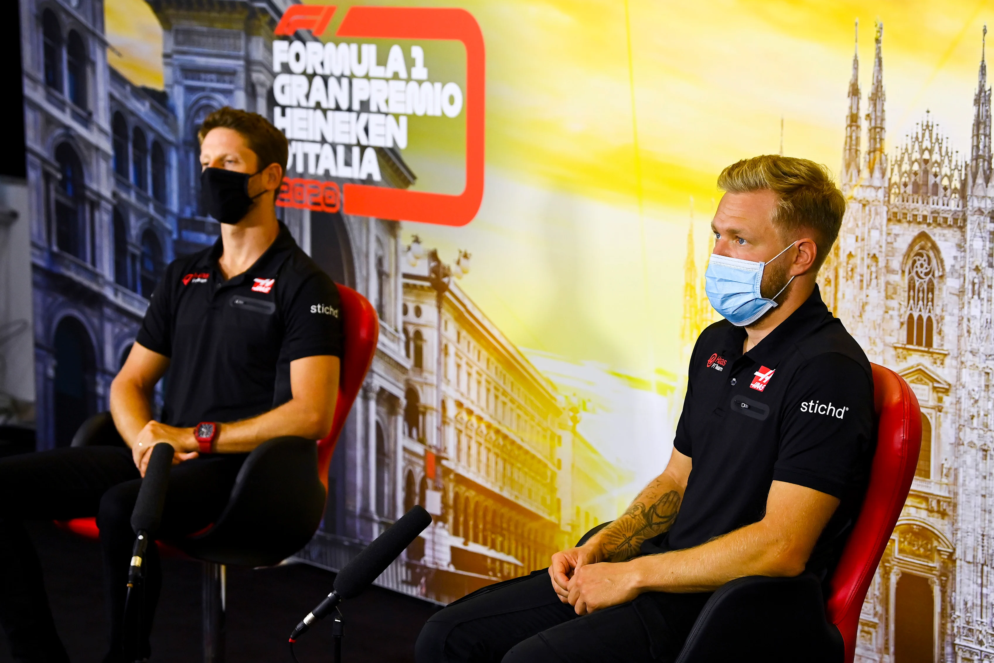 MONZA, ITALY - SEPTEMBER 03: Kevin Magnussen of Denmark and Haas F1 and Romain Grosjean of France