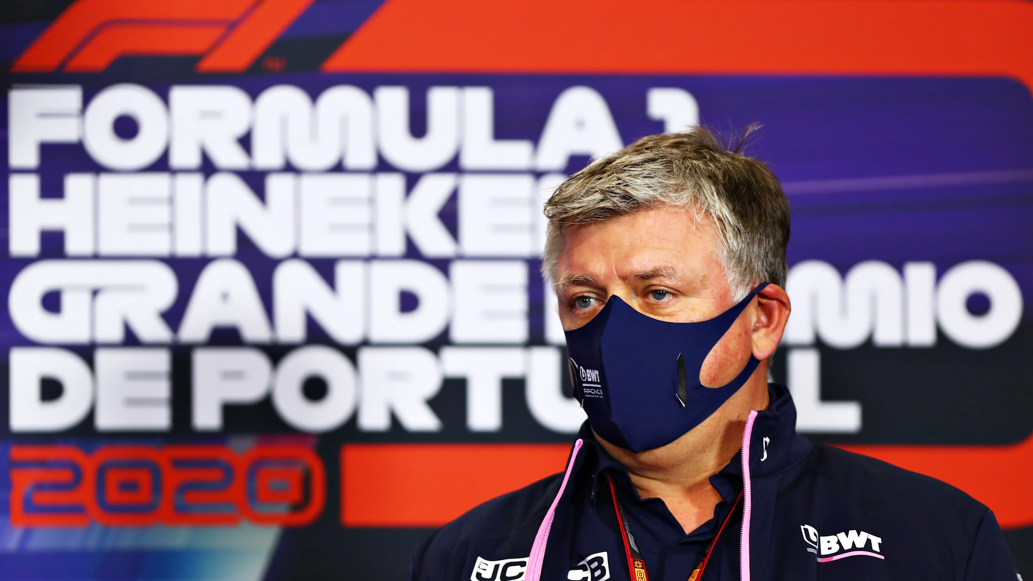 PORTIMAO, PORTUGAL - OCTOBER 23: Otmar Szafnauer, Team Principal and Chief Executive Officer of Racing Point looks on in the Team Principals Press Conference during practice ahead of the F1 Grand Prix of Portugal at Autodromo Internacional do Algarve on October 23, 2020 in Portimao, Portugal. (Photo by Dan Istitene - Formula 1/Formula 1 via Getty Images)