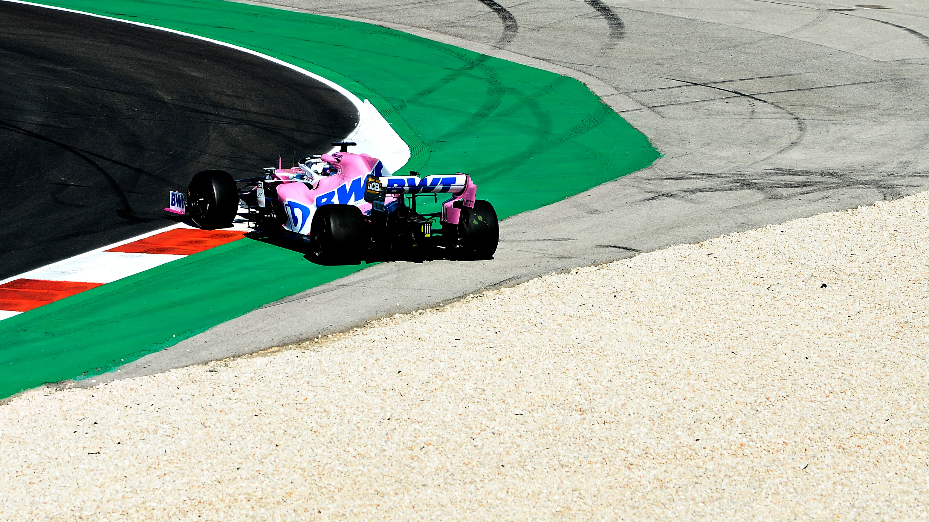 PORTIMAO, PORTUGAL - OCTOBER 23: Sergio Perez of Mexico driving the (11) Racing Point RP20 Mercedes spins during practice ahead of the F1 Grand Prix of Portugal at Autodromo Internacional do Algarve on October 23, 2020 in Portimao, Portugal. (Photo by Octavio Passos - Formula 1/Formula 1 via Getty Images)
