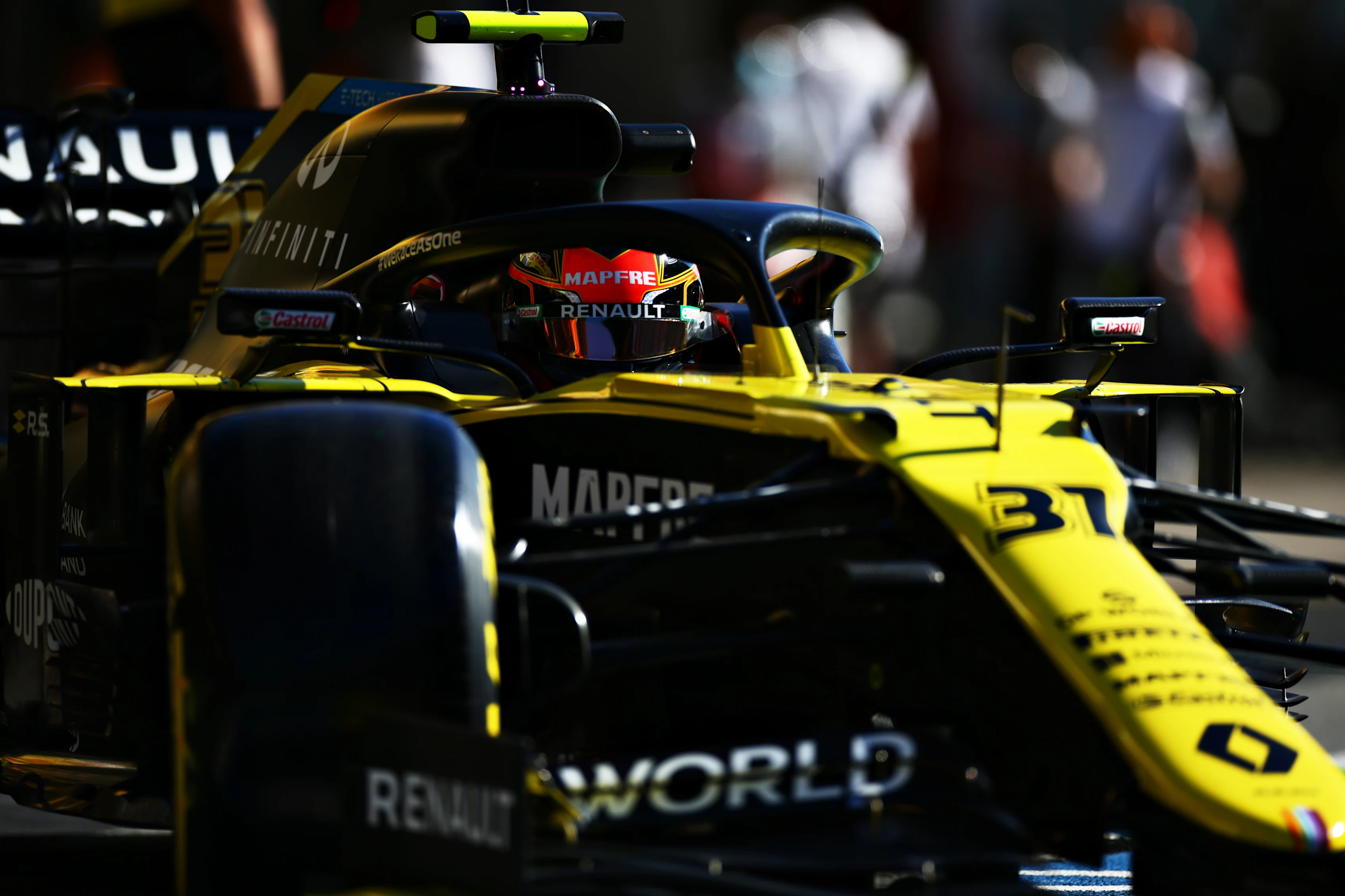PORTIMAO, PORTUGAL - OCTOBER 23: Esteban Ocon of France driving the (31) Renault Sport Formula One Team RS20 drives in the Pitlane during practice ahead of the F1 Grand Prix of Portugal at Autodromo Internacional do Algarve on October 23, 2020 in Portimao, Portugal. (Photo by Peter Fox/Getty Images)