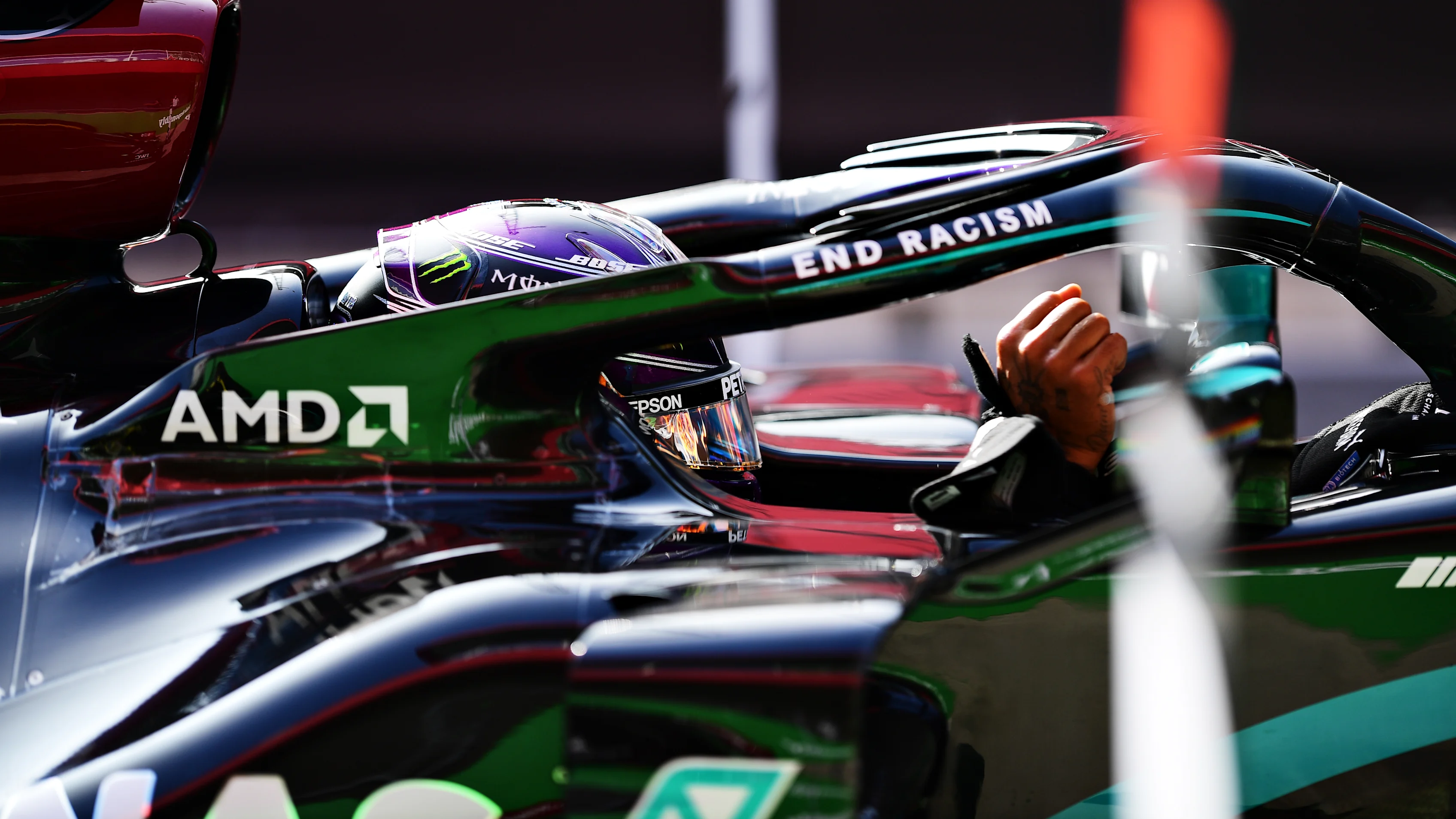 PORTIMAO, PORTUGAL - OCTOBER 24: Pole position qualifier Lewis Hamilton of Great Britain and Mercedes GP stops in parc ferme during qualifying ahead of the F1 Grand Prix of Portugal at Autodromo Internacional do Algarve on October 24, 2020 in Portimao, Portugal. (Photo by Mario Renzi - Formula 1/Formula 1 via Getty Images)
