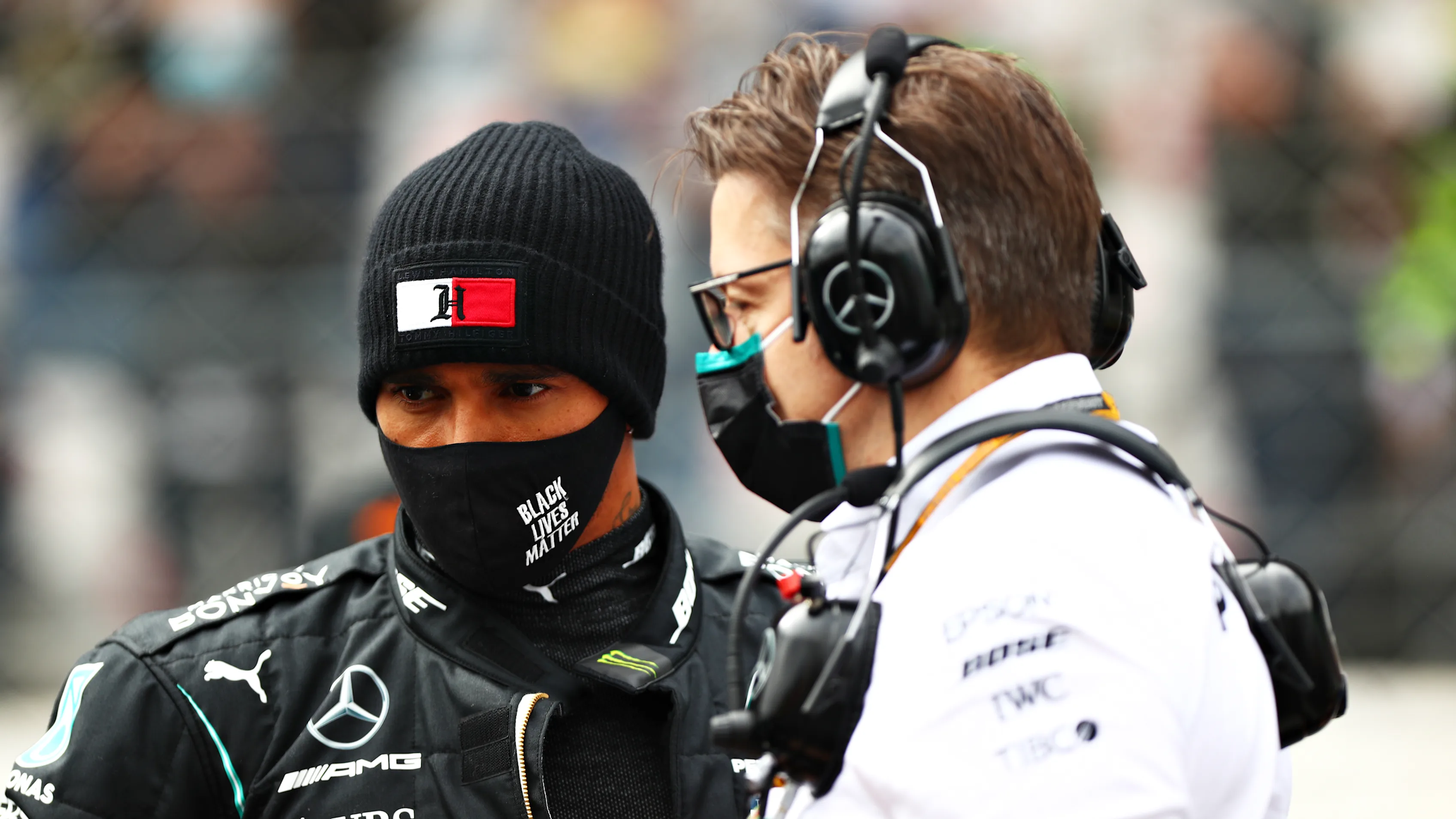 PORTIMAO, PORTUGAL - OCTOBER 25: Lewis Hamilton of Great Britain and Mercedes GP talks with race