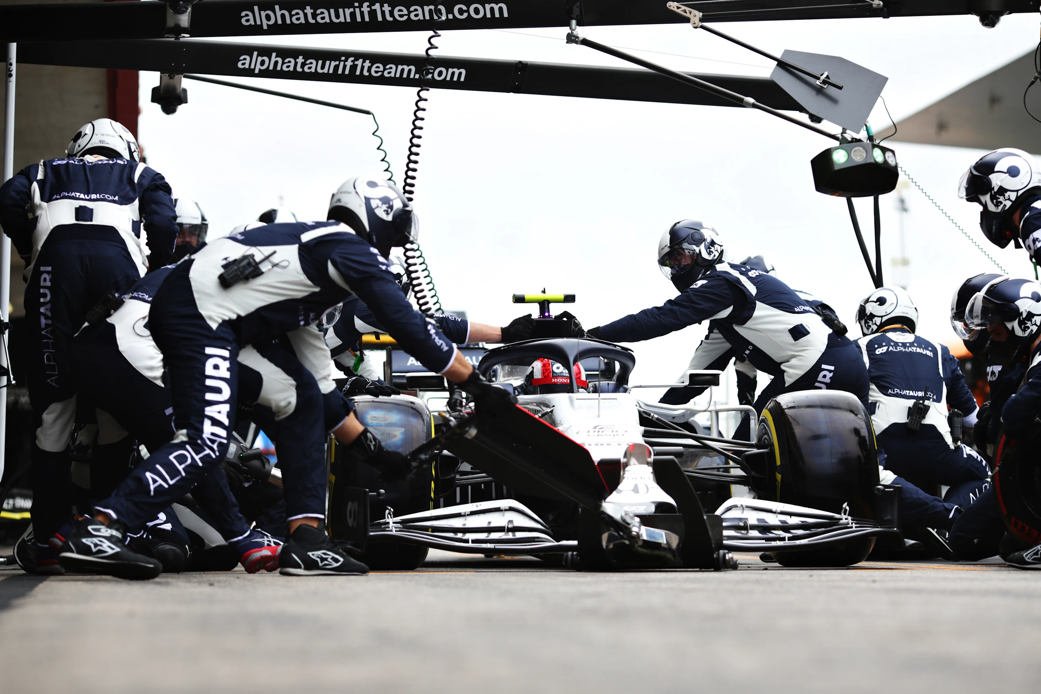 PORTIMAO, PORTUGAL - OCTOBER 25: Pierre Gasly of France driving the (10) Scuderia AlphaTauri AT01 Honda makes a pitstop during the F1 Grand Prix of Portugal at Autodromo Internacional do Algarve on October 25, 2020 in Portimao, Portugal. (Photo by Peter Fox/Getty Images)