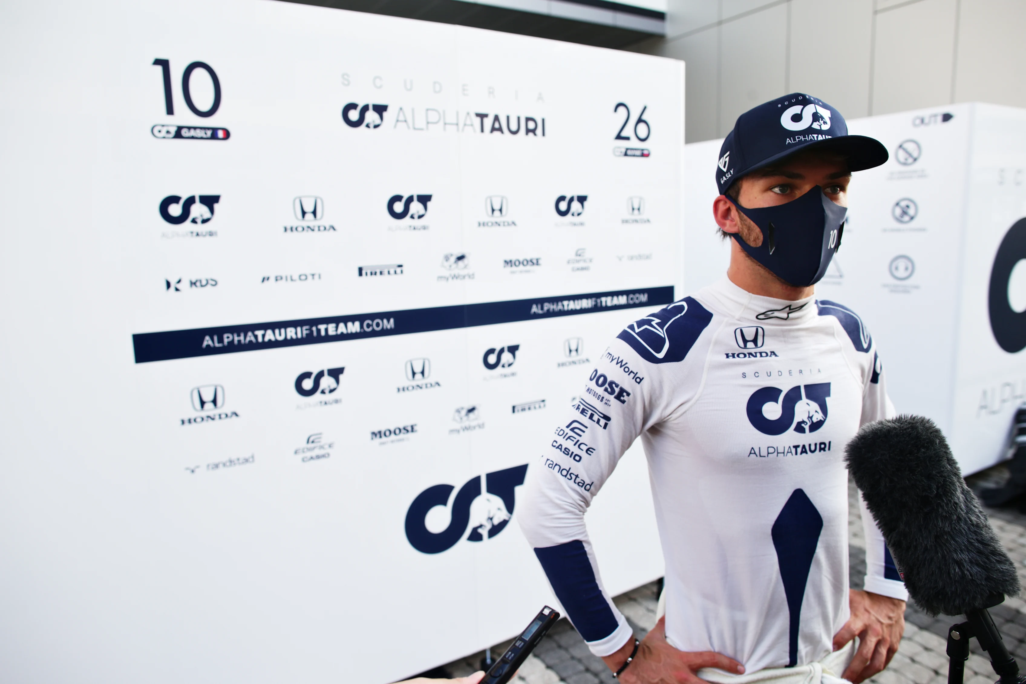 SOCHI, RUSSIA - SEPTEMBER 25: Pierre Gasly of France and Scuderia AlphaTauri talks to the media after practice ahead of the F1 Grand Prix of Russia at Sochi Autodrom on September 25, 2020 in Sochi, Russia. (Photo by Peter Fox/Getty Images)