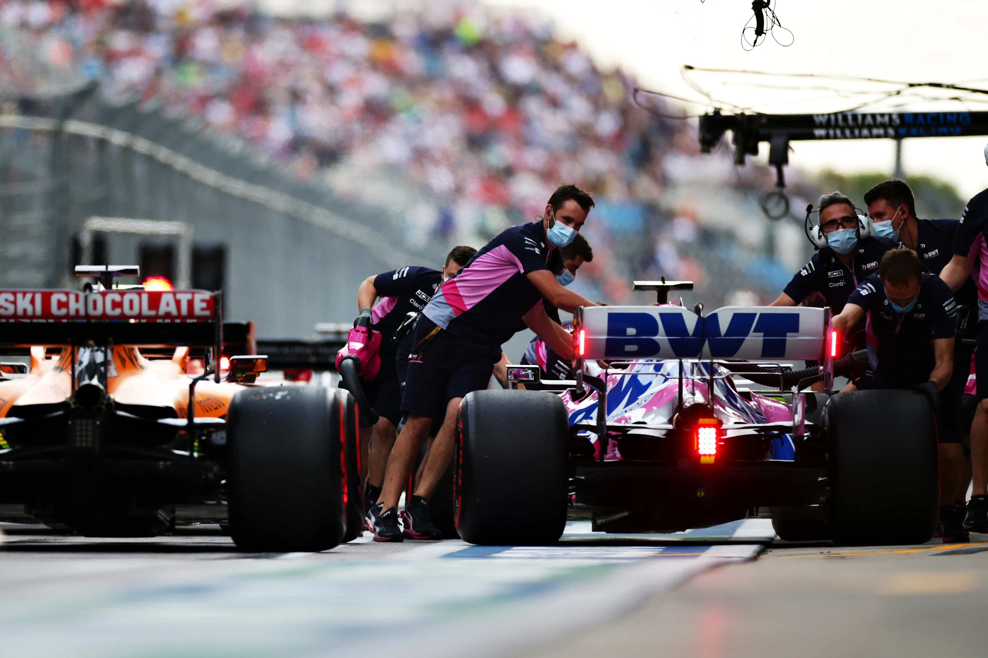 SOCHI, RUSSIA - SEPTEMBER 26: Lance Stroll of Canada driving the (18) Racing Point RP20 Mercedes is removed from a queue waiting to leave the pitlane during qualifying ahead of the F1 Grand Prix of Russia at Sochi Autodrom on September 26, 2020 in Sochi, Russia. (Photo by Peter Fox/Getty Images)