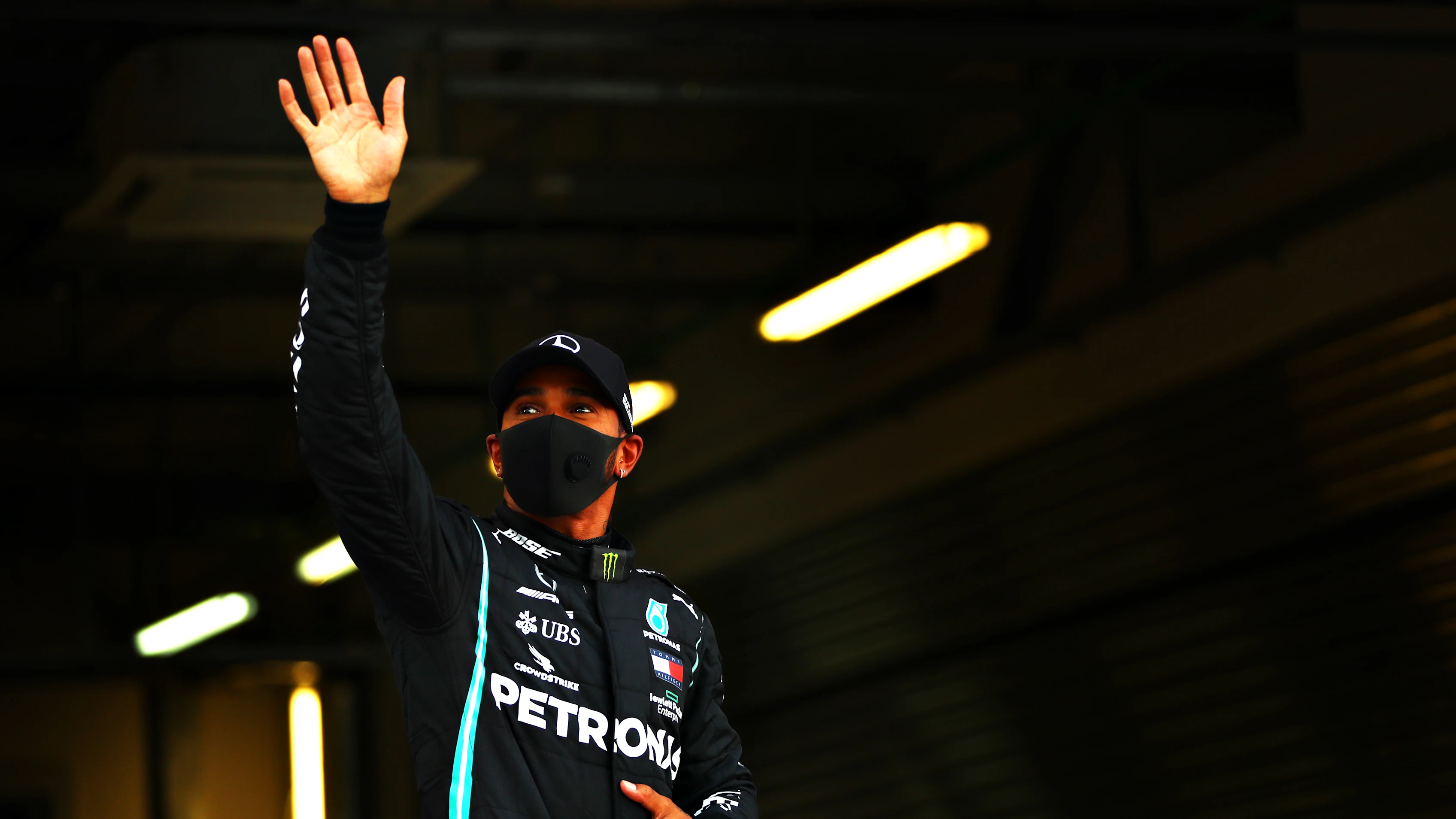 SOCHI, RUSSIA - SEPTEMBER 26: Pole position qualifier Lewis Hamilton of Great Britain and Mercedes GP celebrates in parc ferme during qualifying ahead of the F1 Grand Prix of Russia at Sochi Autodrom on September 26, 2020 in Sochi, Russia. (Photo by Dan Istitene - Formula 1/Formula 1 via Getty Images)