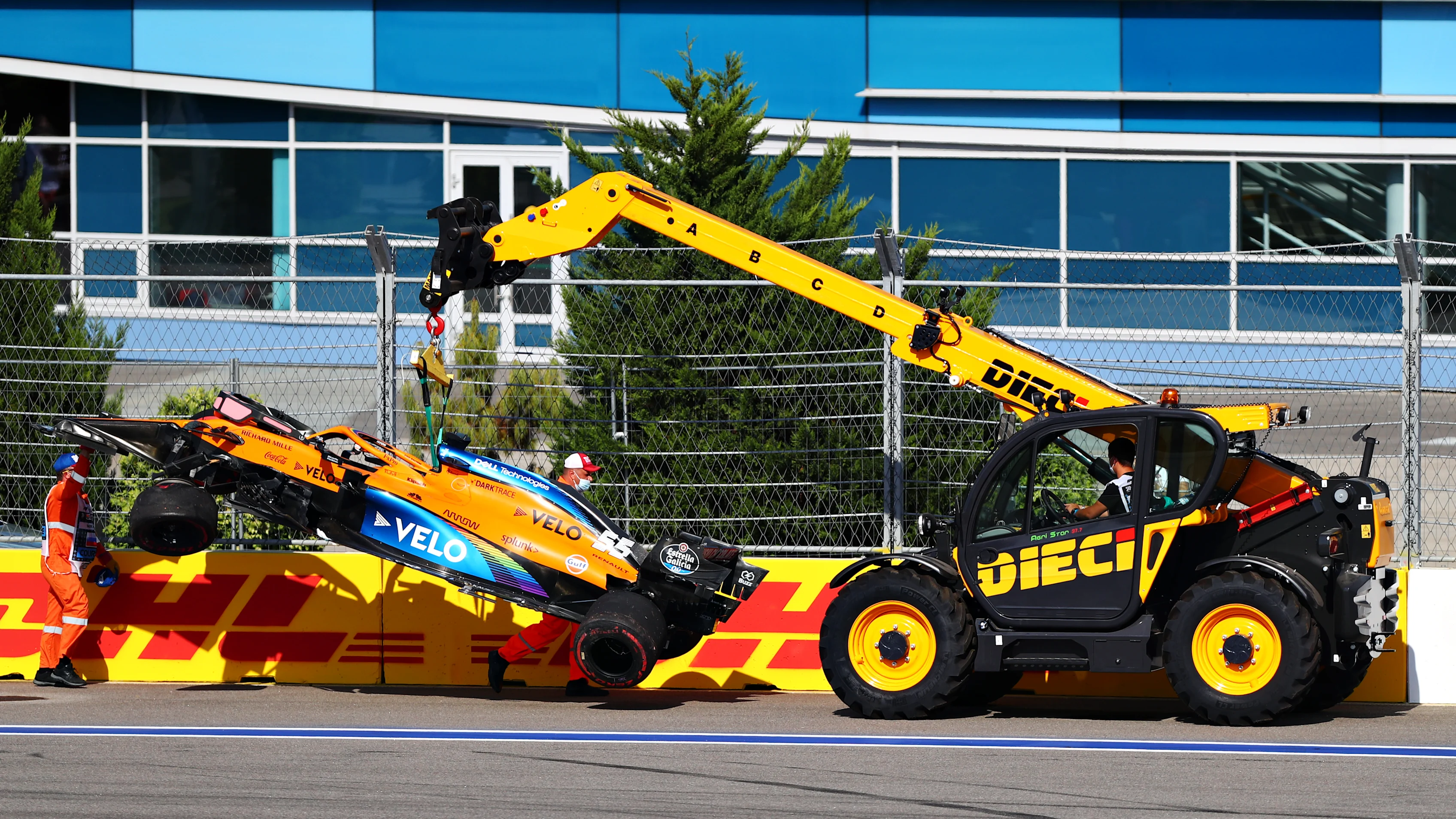 SOCHI, RUSSIA - SEPTEMBER 27: The car of Carlos Sainz of Spain and McLaren F1 is removed from the