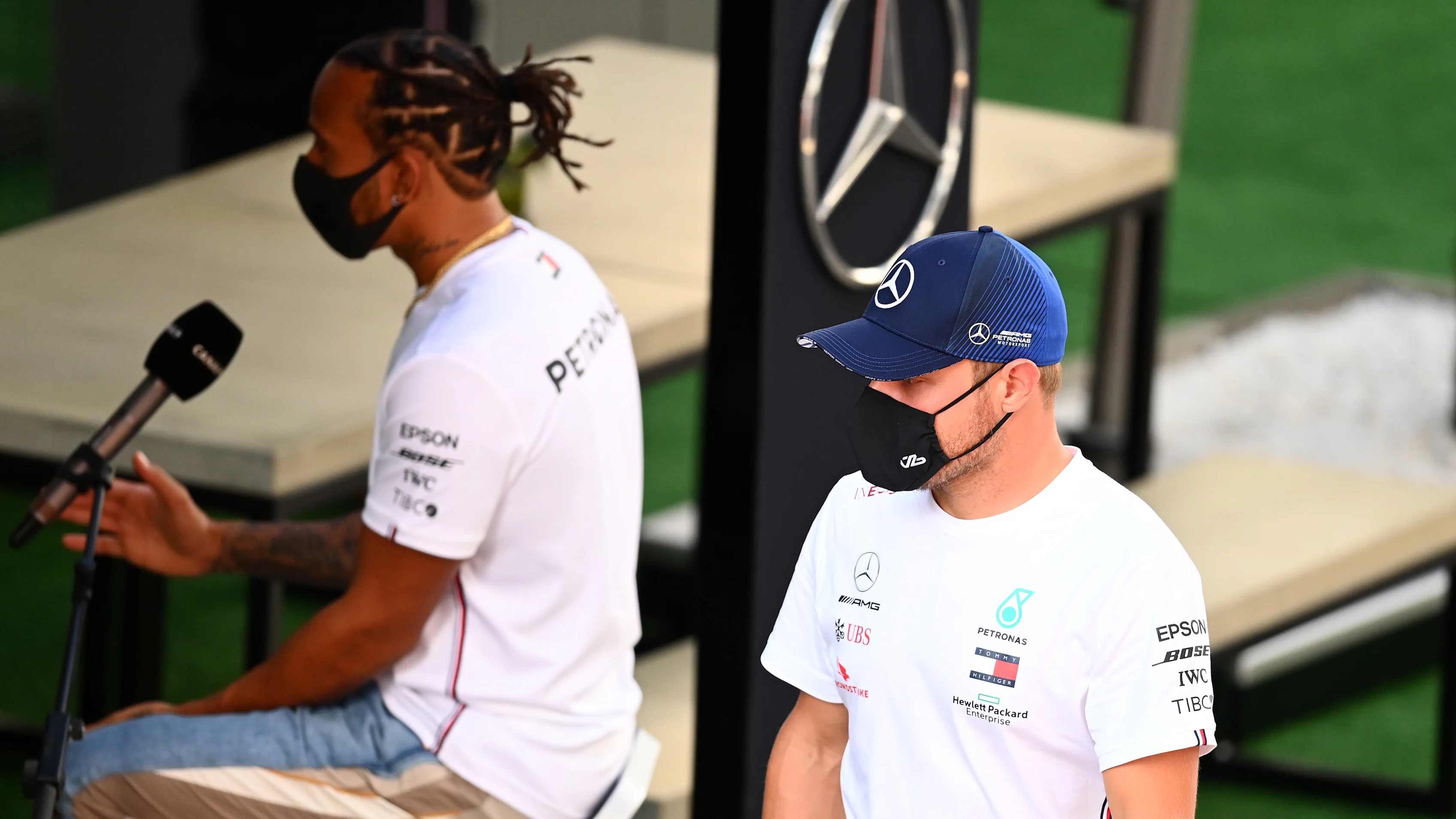 SOCHI, RUSSIA - SEPTEMBER 24: Lewis Hamilton of Great Britain and Mercedes GP talks to the media in