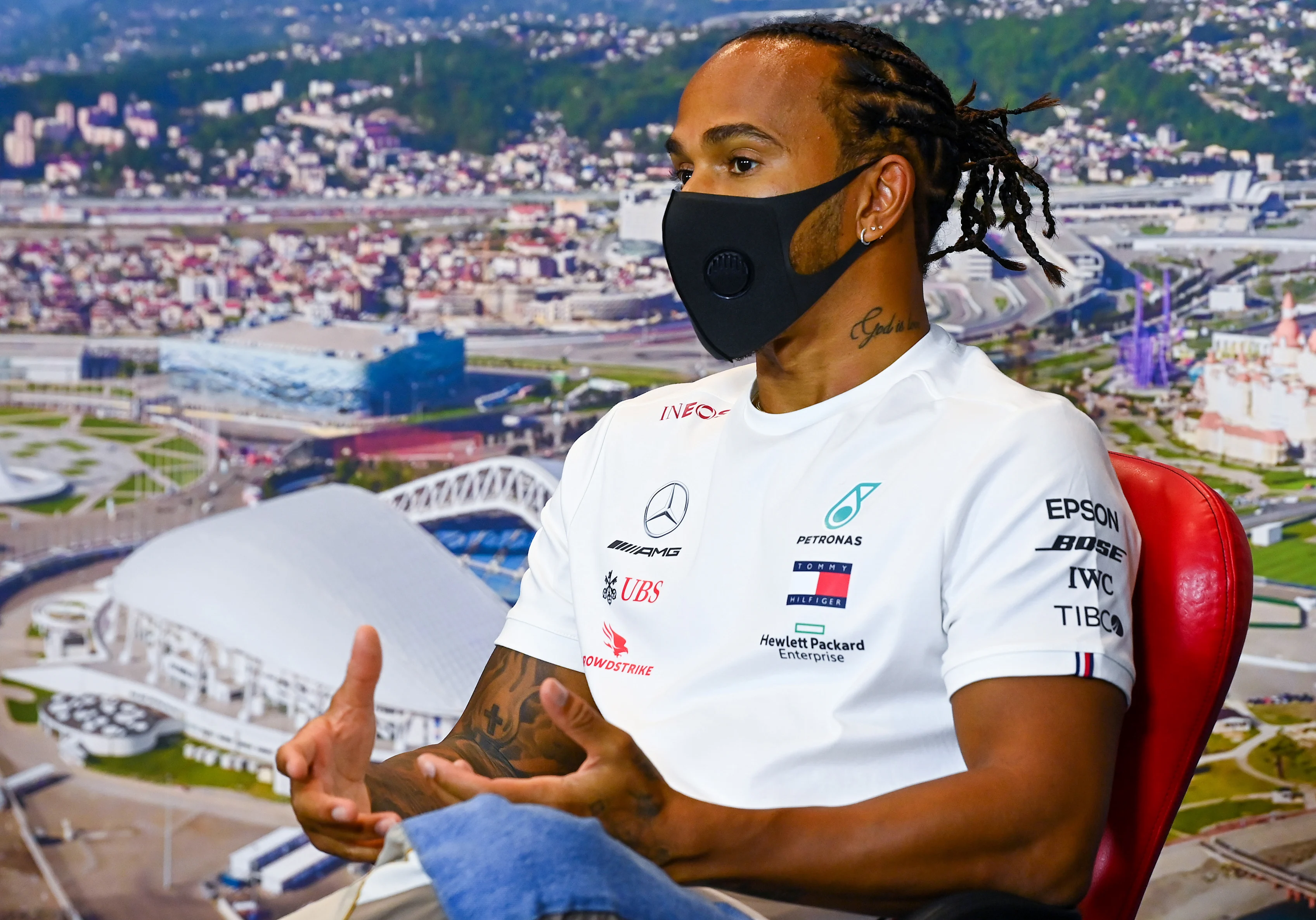 SOCHI, RUSSIA - SEPTEMBER 24: Lewis Hamilton of Great Britain and Mercedes GP talks in the Drivers
