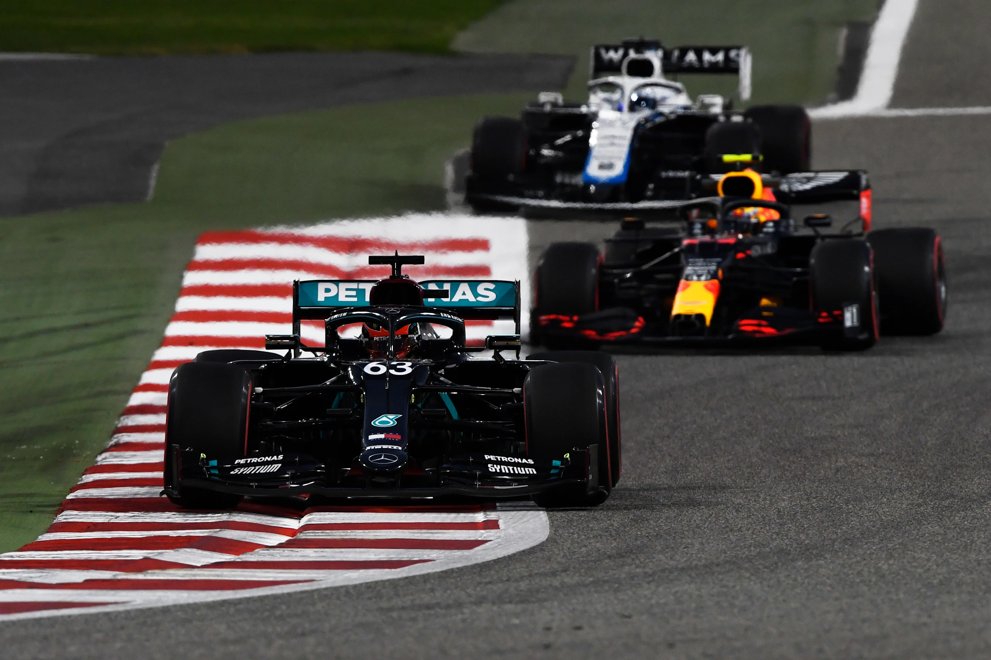BAHRAIN, BAHRAIN - DECEMBER 04: George Russell of Great Britain driving the (63) Mercedes AMG