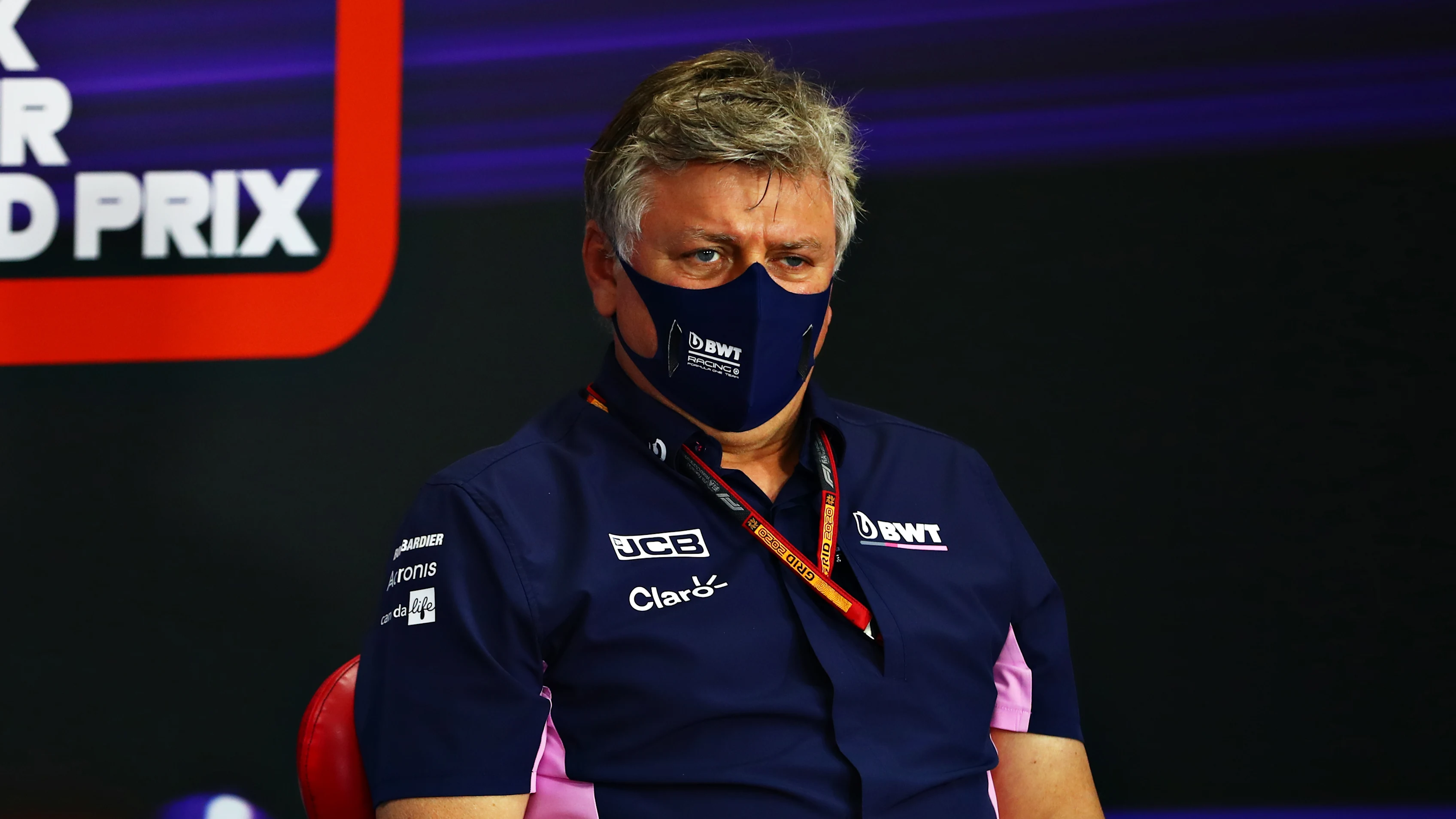 BAHRAIN, BAHRAIN - DECEMBER 04: Otmar Szafnauer, Team Principal and Chief Executive Officer of Racing Point talks in the Team Principals Press Conference during practice ahead of the F1 Grand Prix of Sakhir at Bahrain International Circuit on December 04, 2020 in Bahrain, Bahrain. (Photo by Dan Istitene - Formula 1/Formula 1 via Getty Images)
