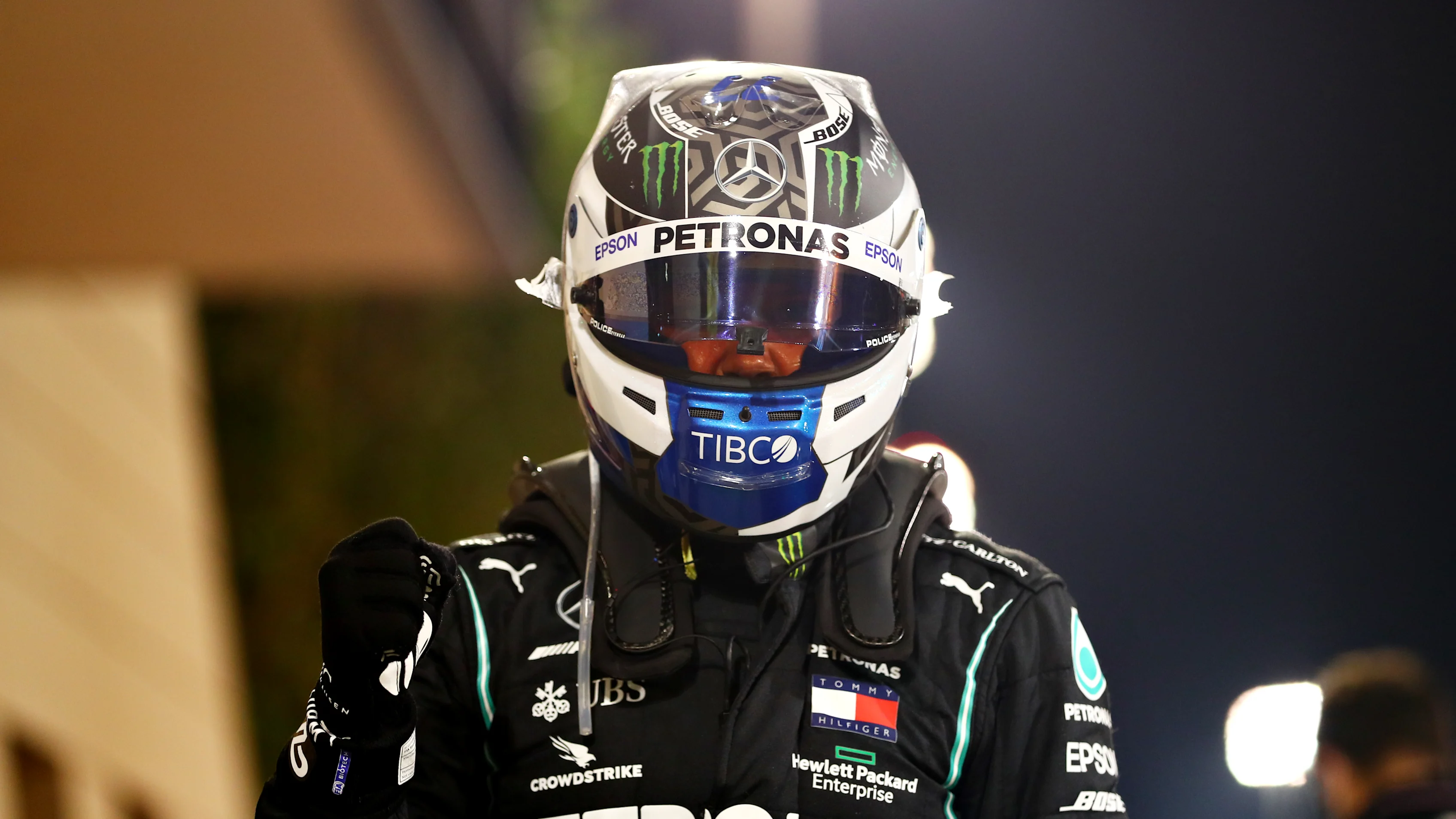 BAHRAIN, BAHRAIN - DECEMBER 05: Pole position qualifier Valtteri Bottas of Finland and Mercedes GP celebrates in parc ferme during qualifying ahead of the F1 Grand Prix of Sakhir at Bahrain International Circuit on December 05, 2020 in Bahrain, Bahrain. (Photo by Dan Istitene - Formula 1/Formula 1 via Getty Images)
