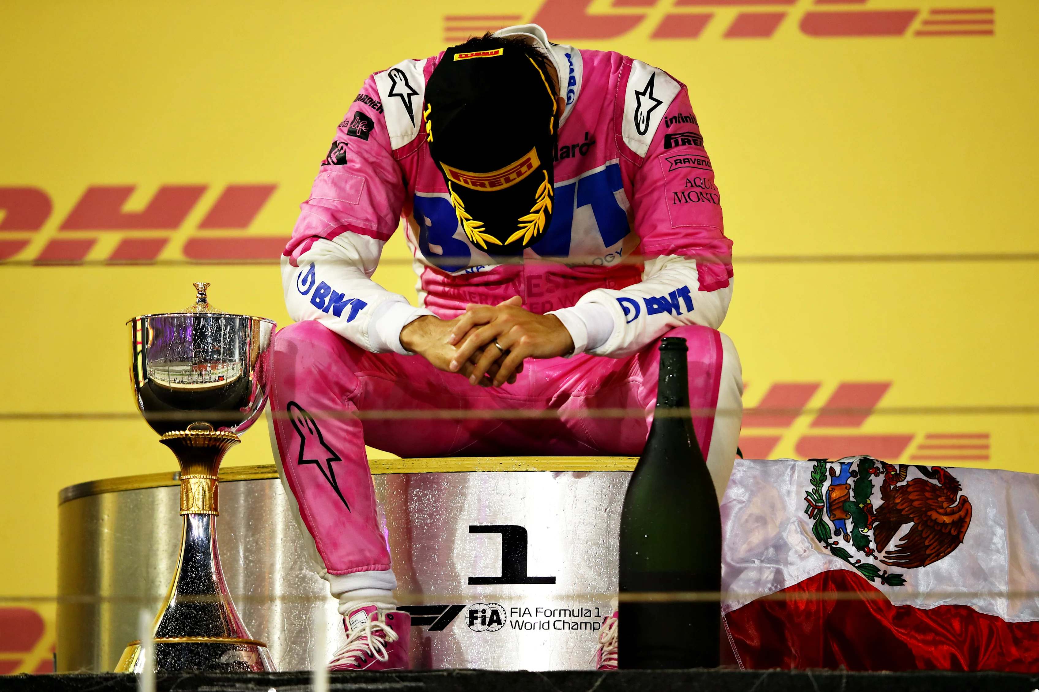 BAHRAIN, BAHRAIN - DECEMBER 06: Race winner Sergio Perez of Mexico and Racing Point reacts to his