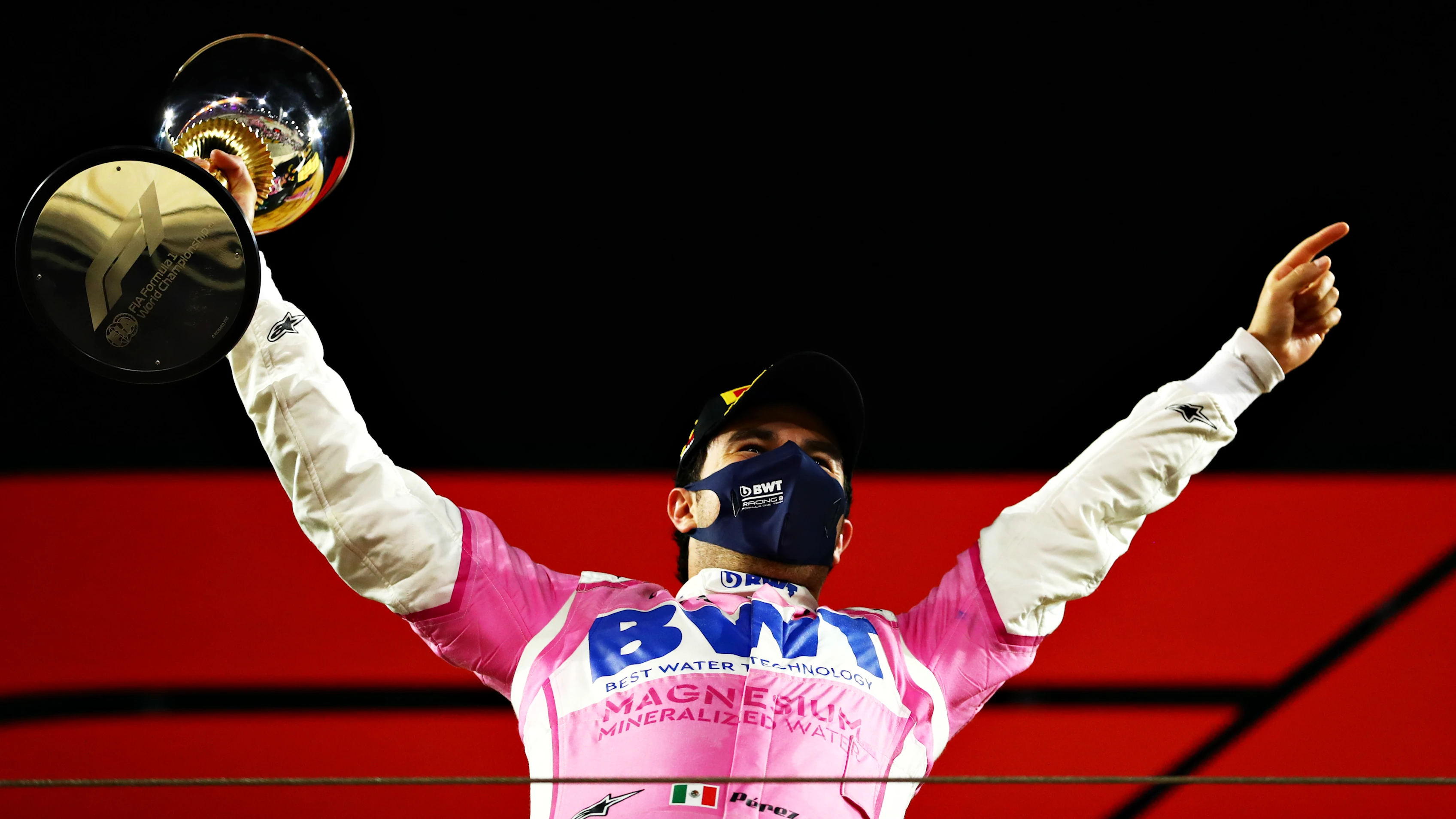 BAHRAIN, BAHRAIN - DECEMBER 06: Race winner Sergio Perez of Mexico and Racing Point celebrates his