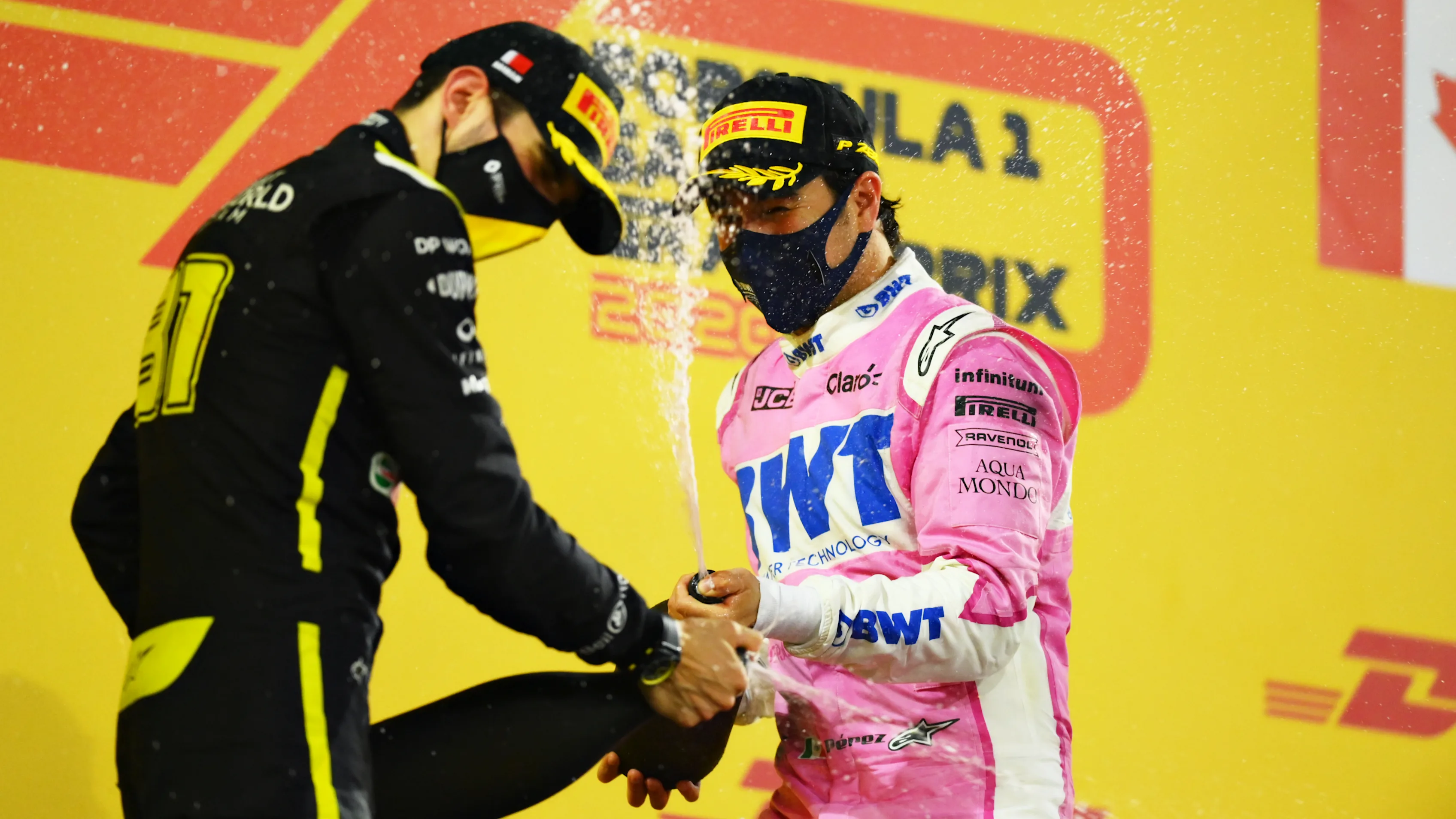 BAHRAIN, BAHRAIN - DECEMBER 06: Race winner Sergio Perez of Mexico and Racing Point celebrates his