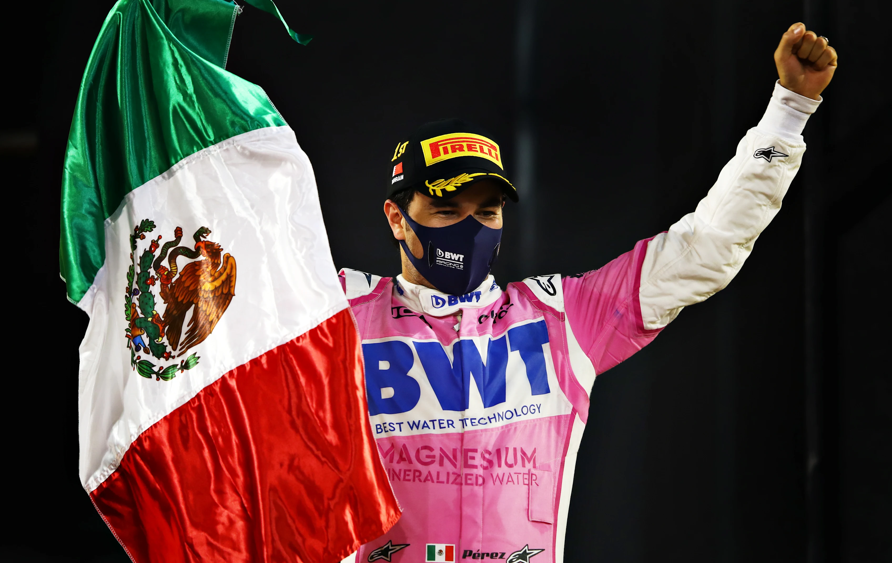 BAHRAIN, BAHRAIN - DECEMBER 06: Race winner Sergio Perez of Mexico and Racing Point celebrates his