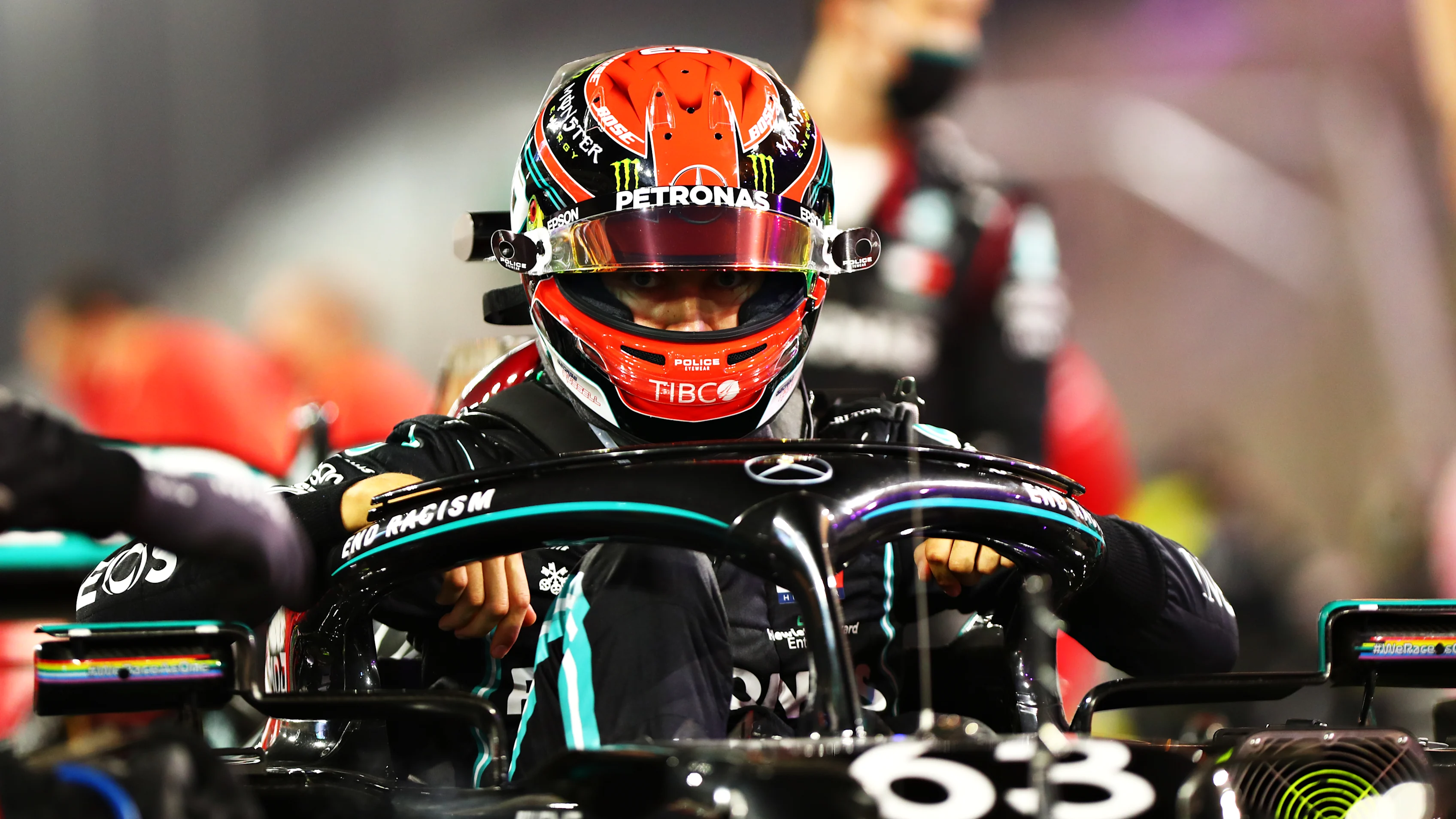 BAHRAIN, BAHRAIN - DECEMBER 06: George Russell of Great Britain and Mercedes GP climbs out of his