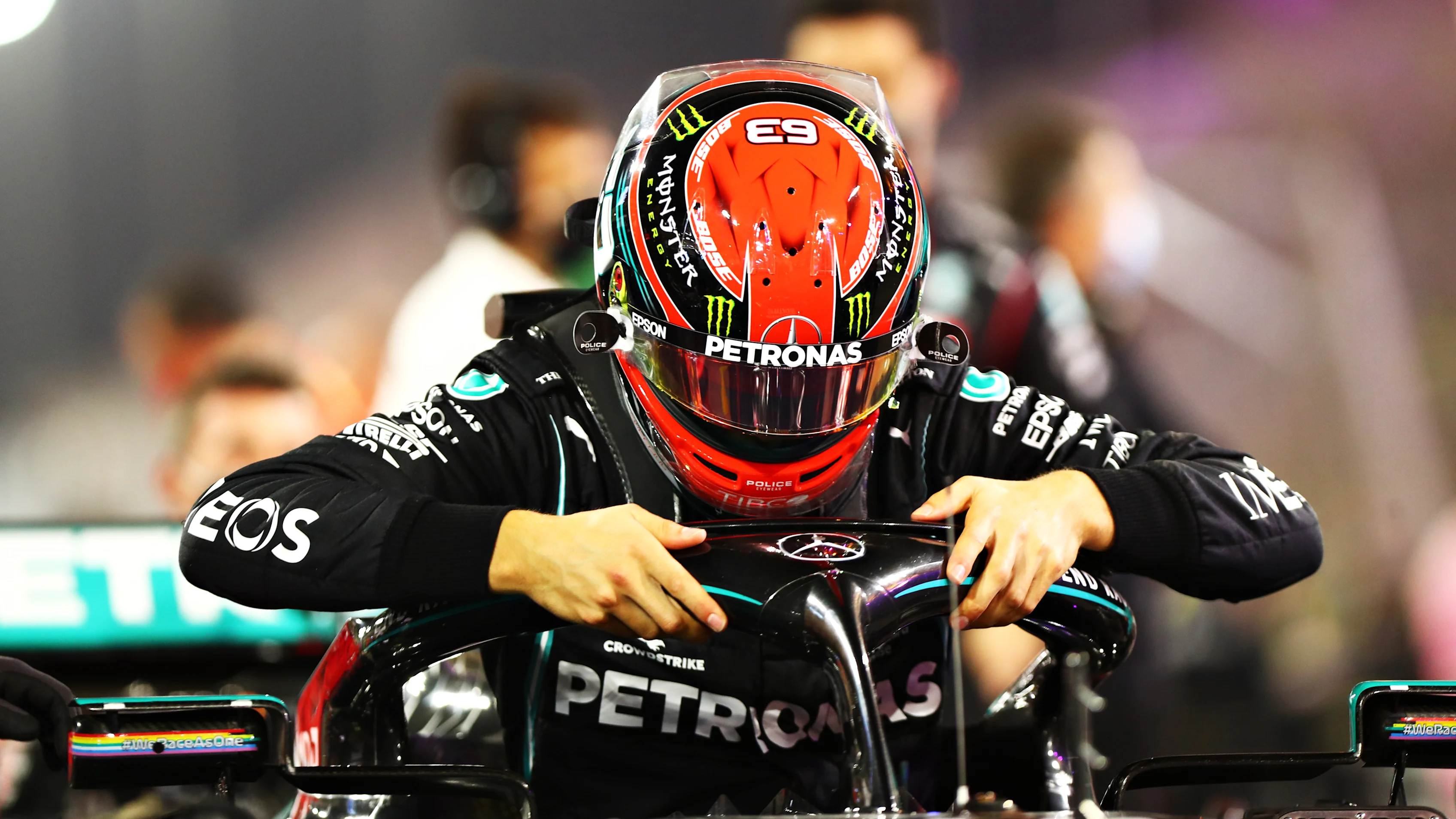 BAHRAIN, BAHRAIN - DECEMBER 06: George Russell of Great Britain and Mercedes GP climbs out of his