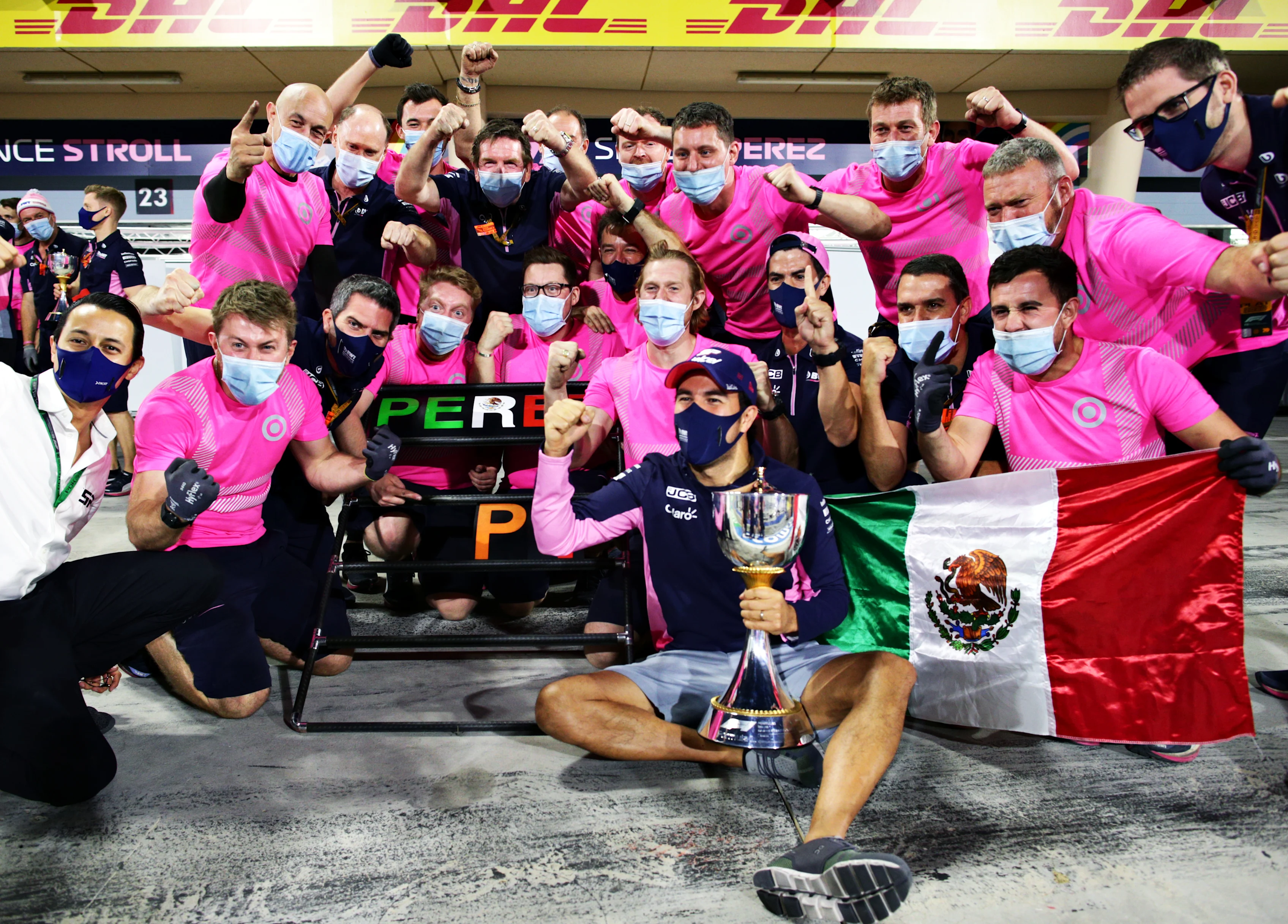 BAHRAIN, BAHRAIN - DECEMBER 06: Race winner Sergio Perez of Mexico and Racing Point celebrates his