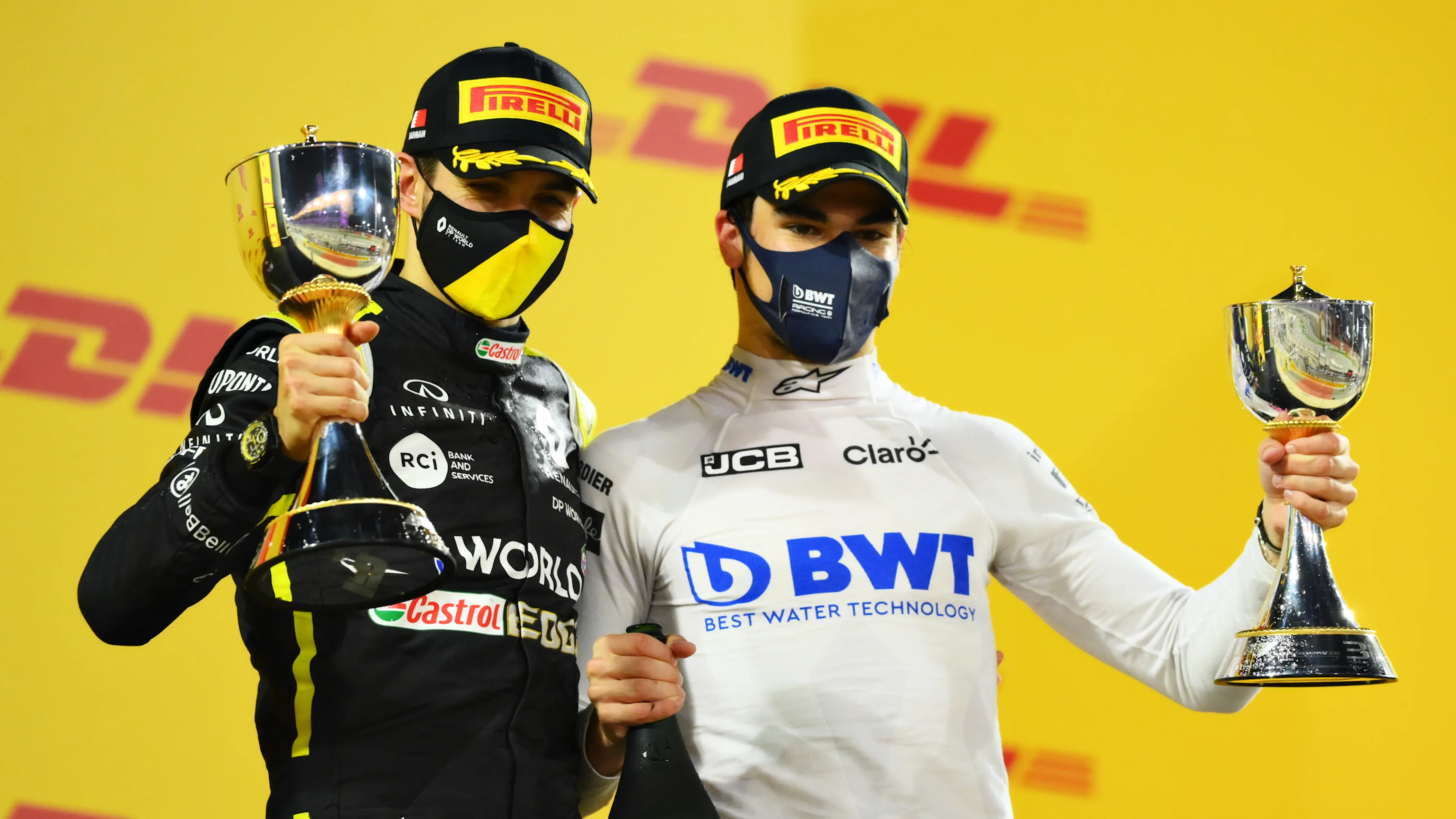 BAHRAIN, BAHRAIN - DECEMBER 06: Second placed Esteban Ocon of France and Renault Sport F1 and third