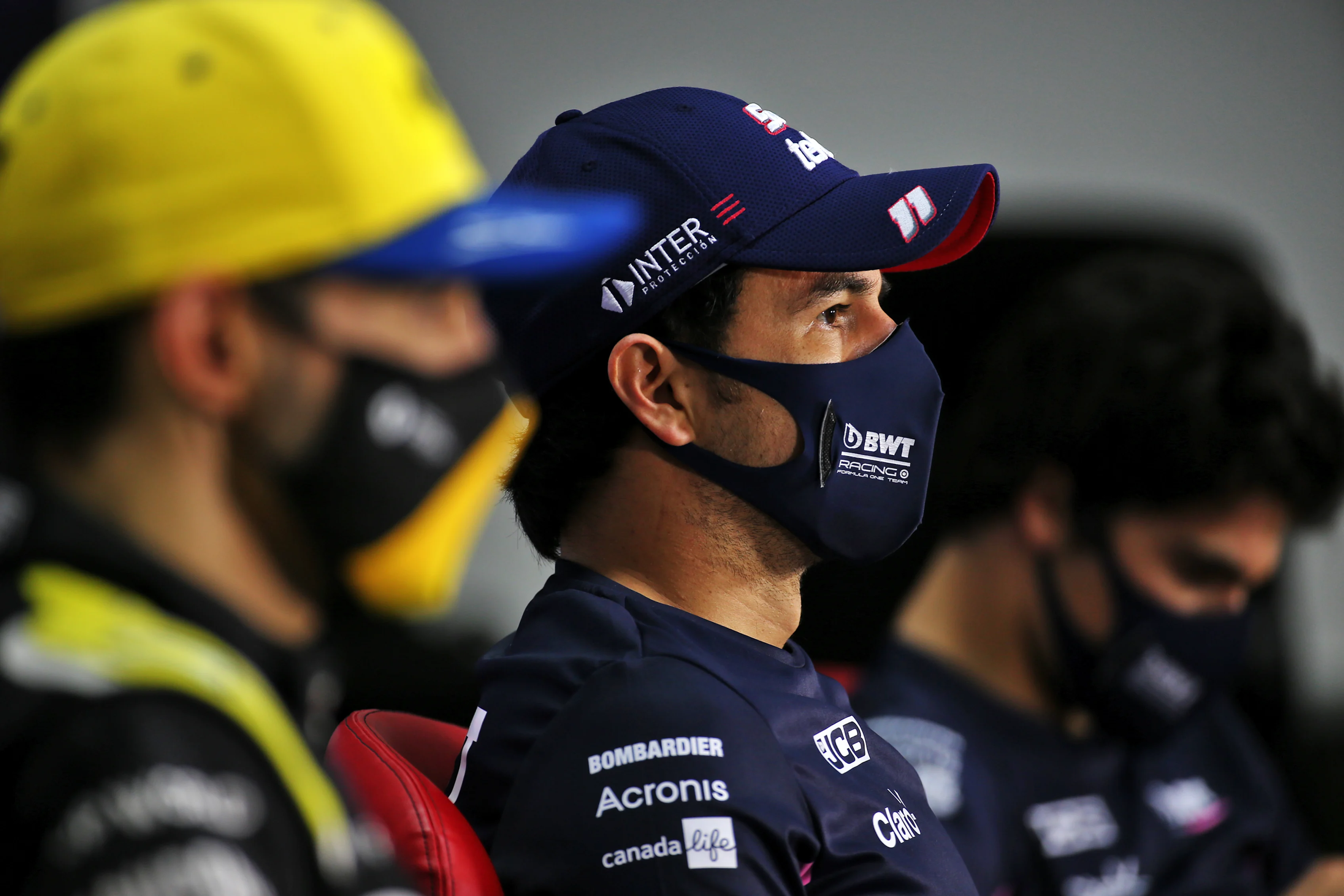 BAHRAIN, BAHRAIN - DECEMBER 06: Race winner Sergio Perez of Mexico and Racing Point talks in a