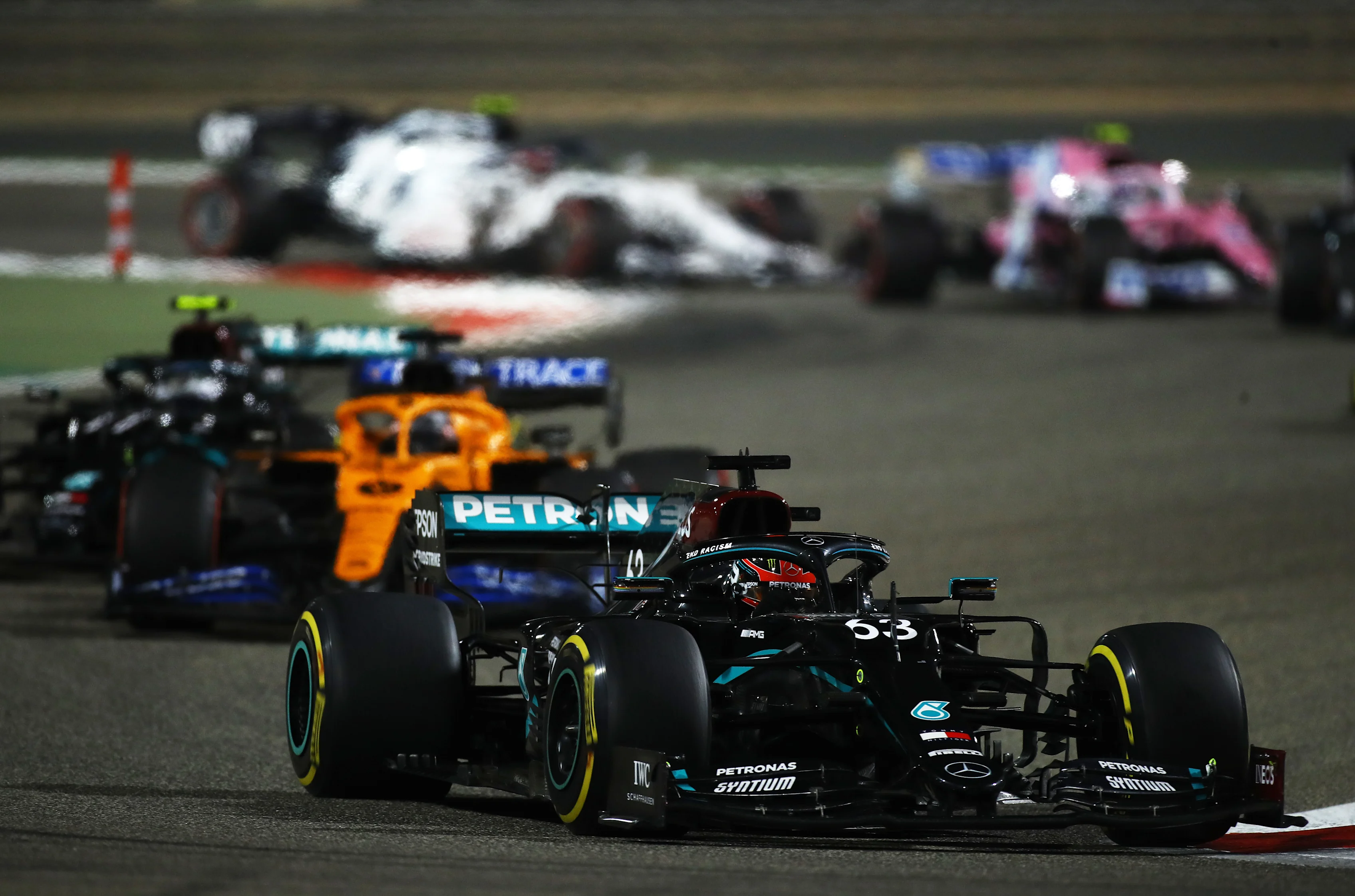 BAHRAIN, BAHRAIN - DECEMBER 06: George Russell of Great Britain driving the (63) Mercedes AMG