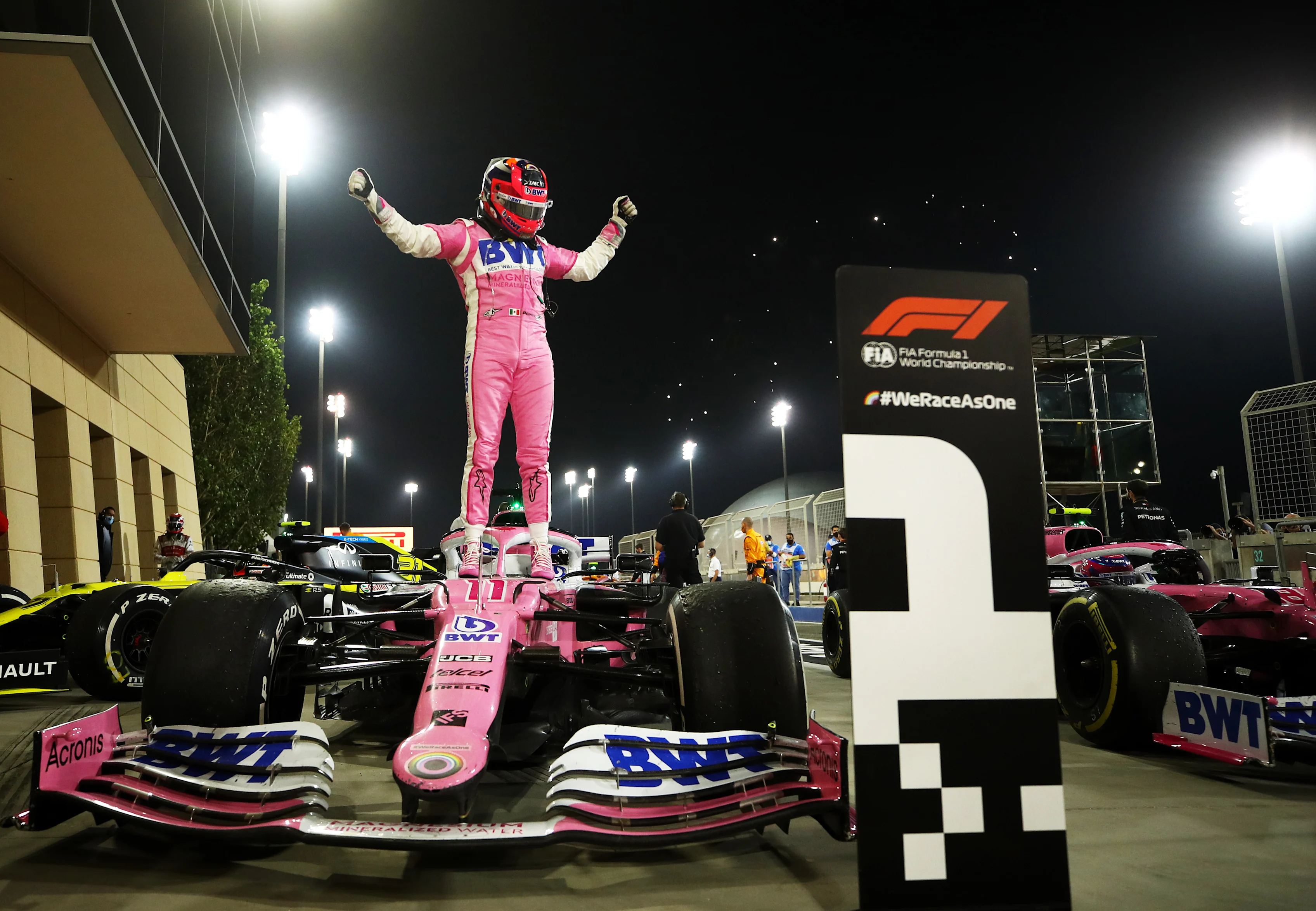 BAHRAIN, BAHRAIN - DECEMBER 06: Race winner Sergio Perez of Mexico and Racing Point celebrates in