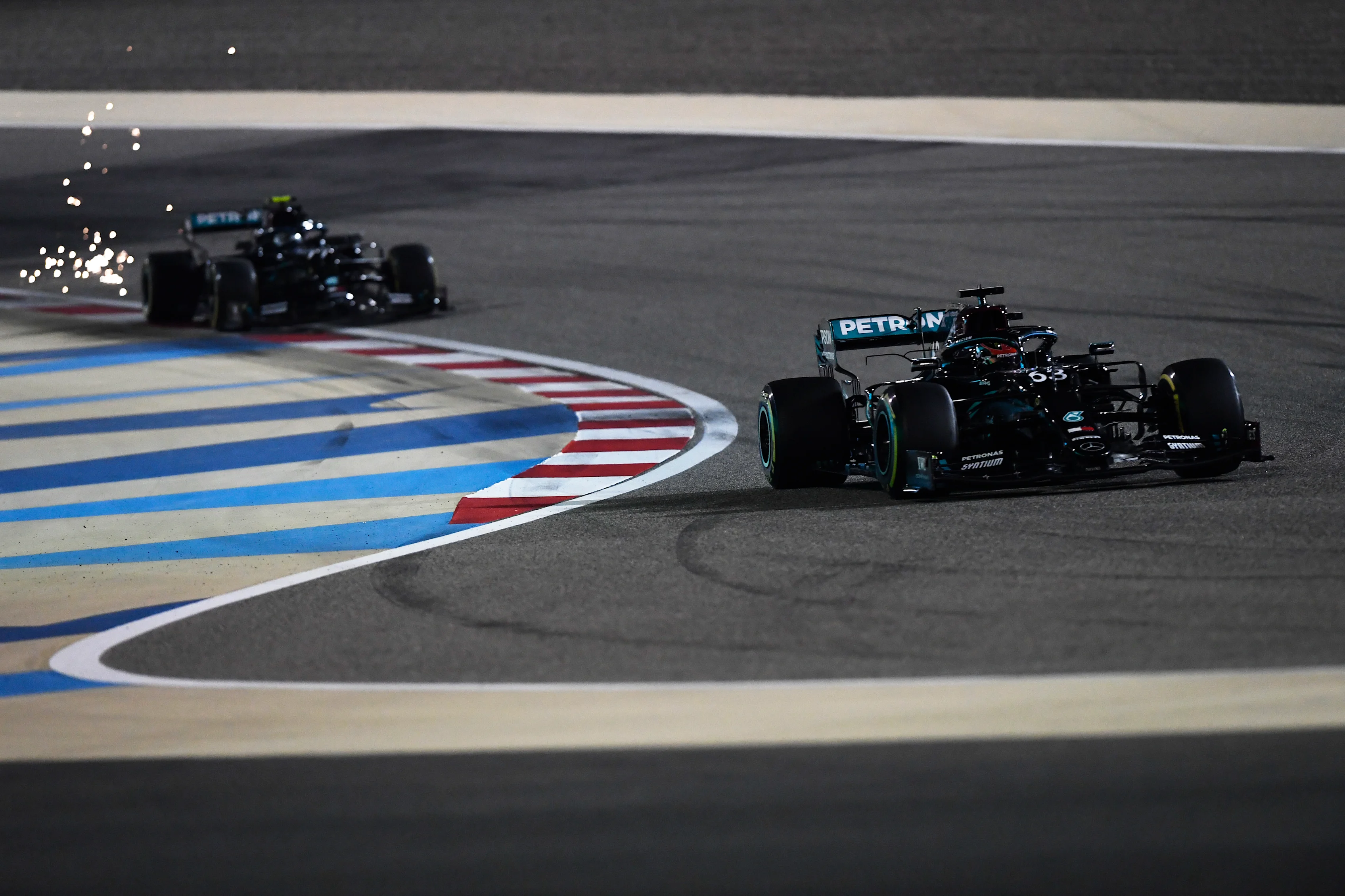 BAHRAIN, BAHRAIN - DECEMBER 06: George Russell of Great Britain driving the (63) Mercedes AMG
