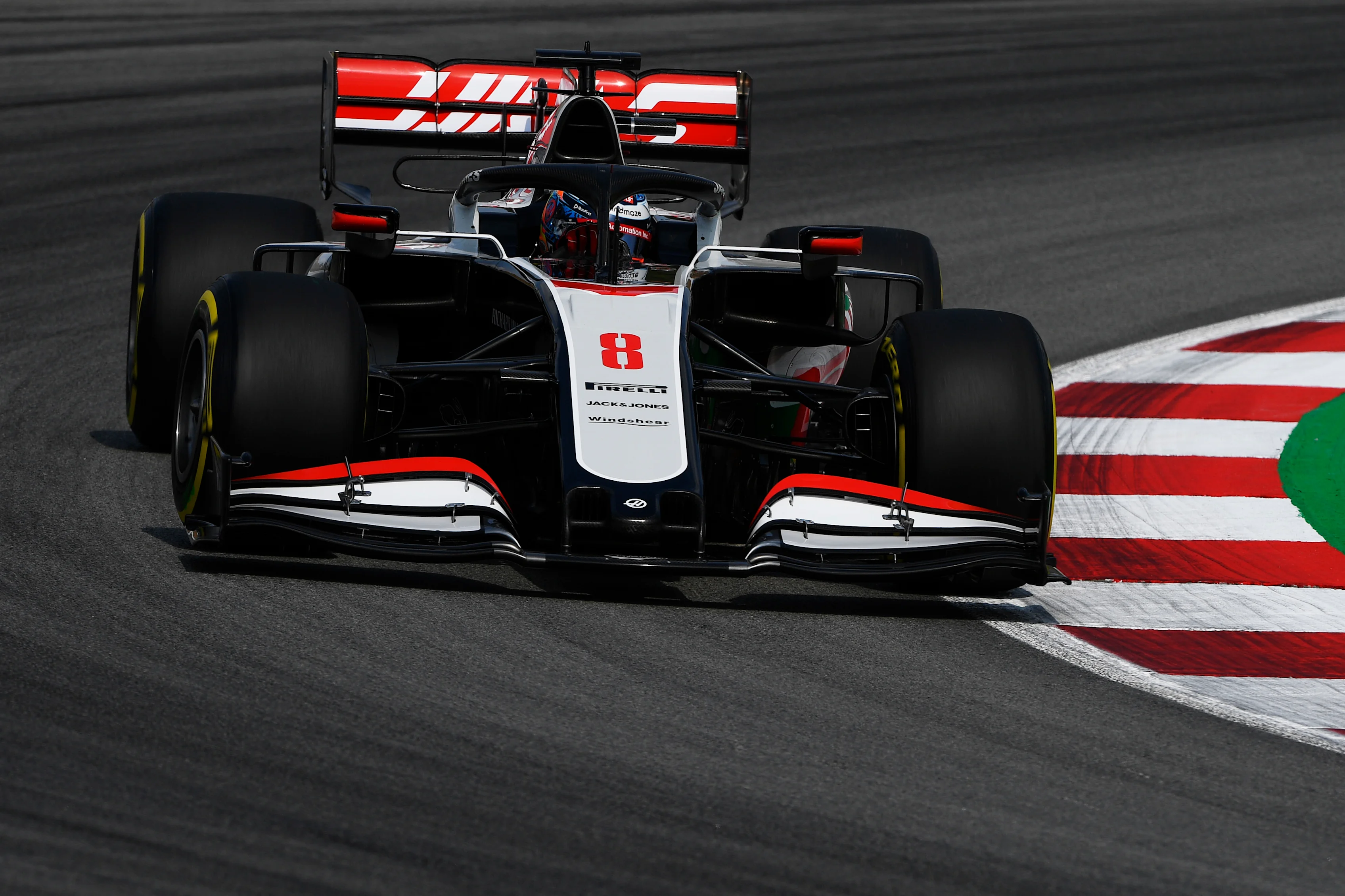 BARCELONA, SPAIN - AUGUST 14: Romain Grosjean of France driving the (8) Haas F1 Team VF-20 Ferrari on track during practice for the F1 Grand Prix of Spain at Circuit de Barcelona-Catalunya on August 14, 2020 in Barcelona, Spain. (Photo by Rudy Carezzevoli/Getty Images)