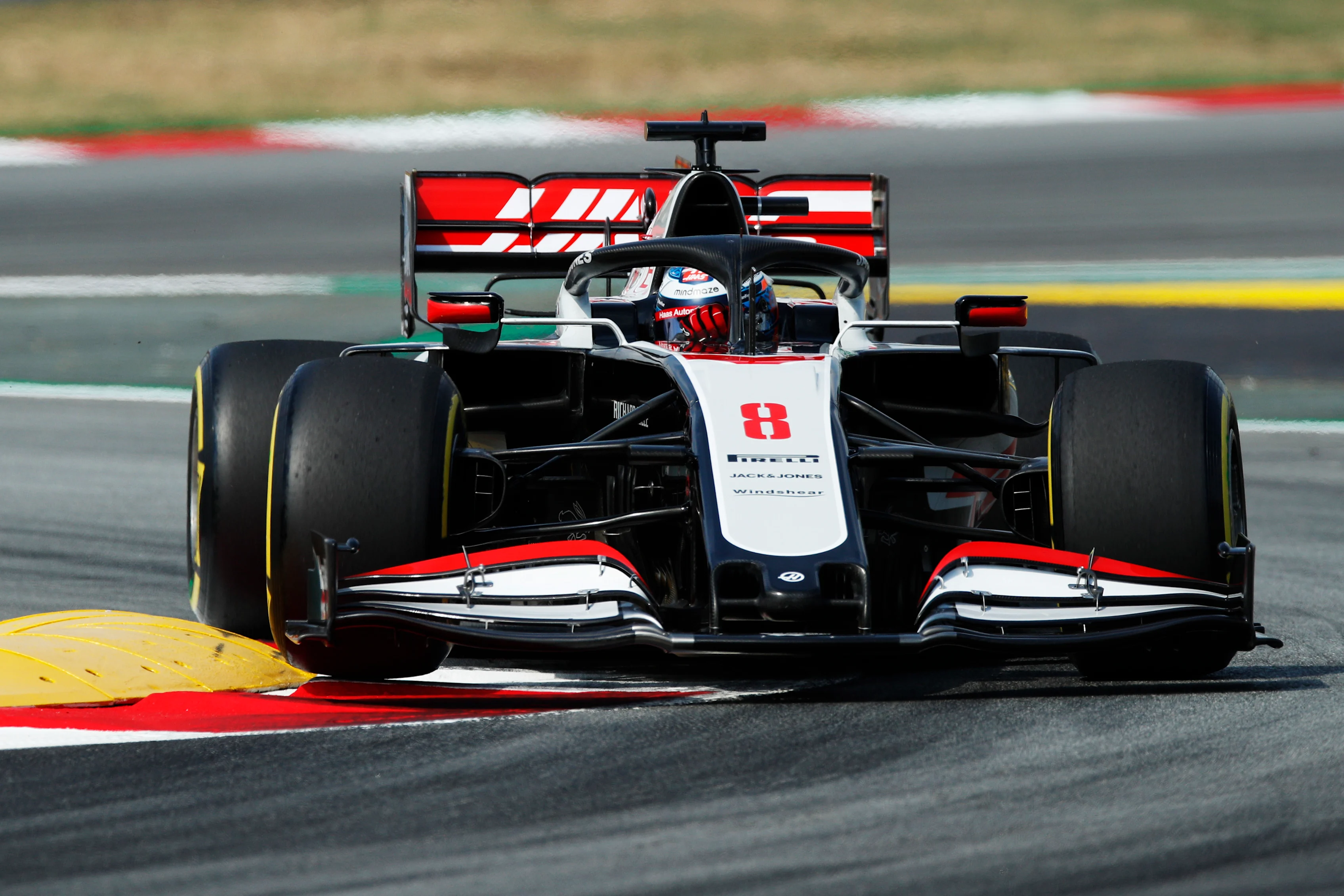 BARCELONA, SPAIN - AUGUST 14: Romain Grosjean of France driving the (8) Haas F1 Team VF-20 Ferrari