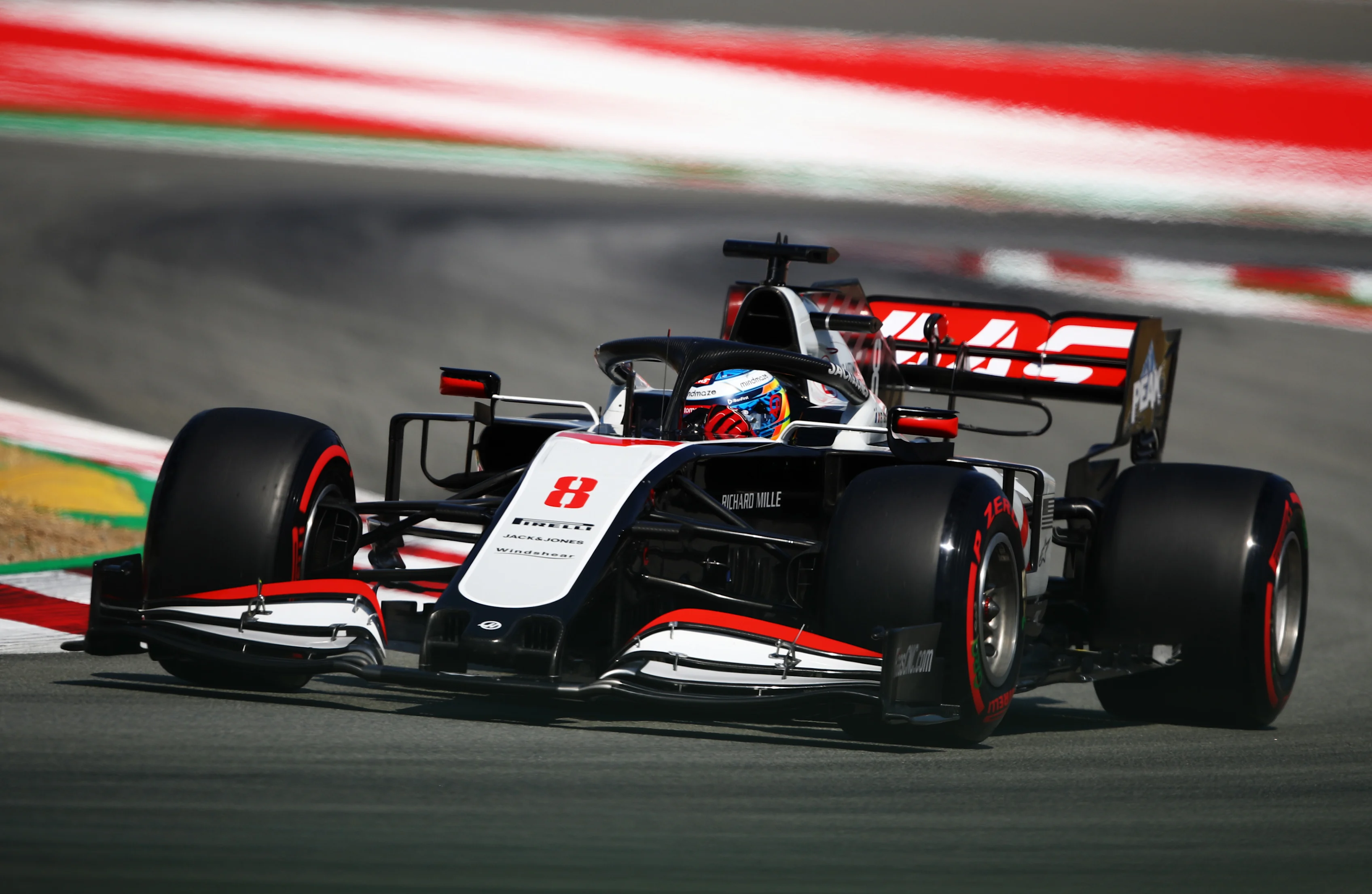 BARCELONA, SPAIN - AUGUST 14: Romain Grosjean of France driving the (8) Haas F1 Team VF-20 Ferrari