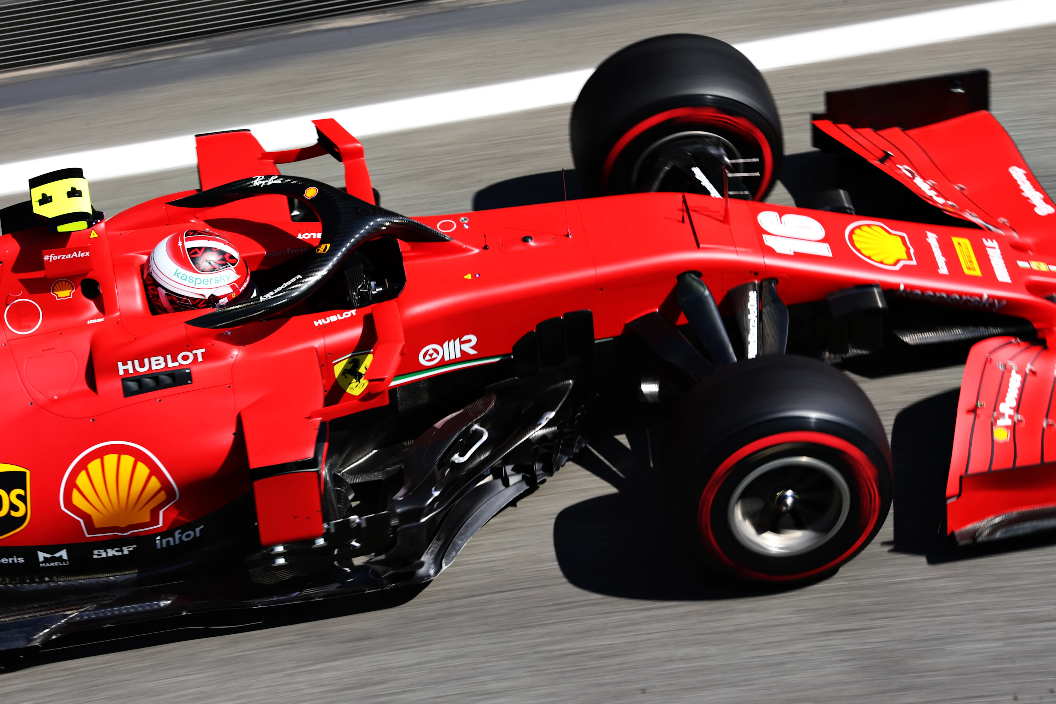 BARCELONA, SPAIN - AUGUST 14: Charles Leclerc of Monaco driving the (16) Scuderia Ferrari SF1000 during practice for the F1 Grand Prix of Spain at Circuit de Barcelona-Catalunya on August 14, 2020 in Barcelona, Spain. (Photo by Peter Fox/Getty Images)