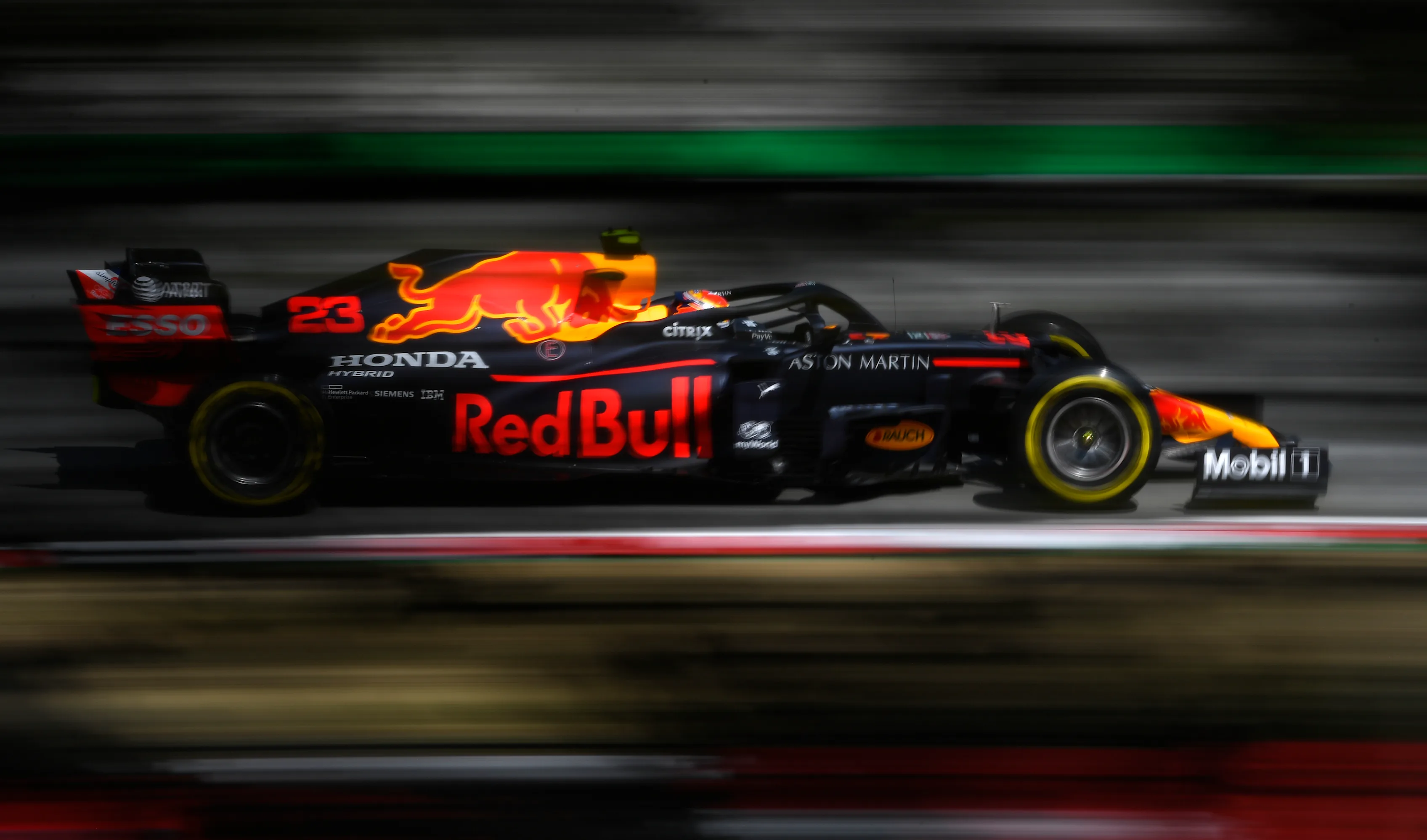 BARCELONA, SPAIN - AUGUST 14: Alexander Albon of Thailand driving the (23) Aston Martin Red Bull Racing RB16 on track during practice for the F1 Grand Prix of Spain at Circuit de Barcelona-Catalunya on August 14, 2020 in Barcelona, Spain. (Photo by Rudy Carezzevoli/Getty Images)