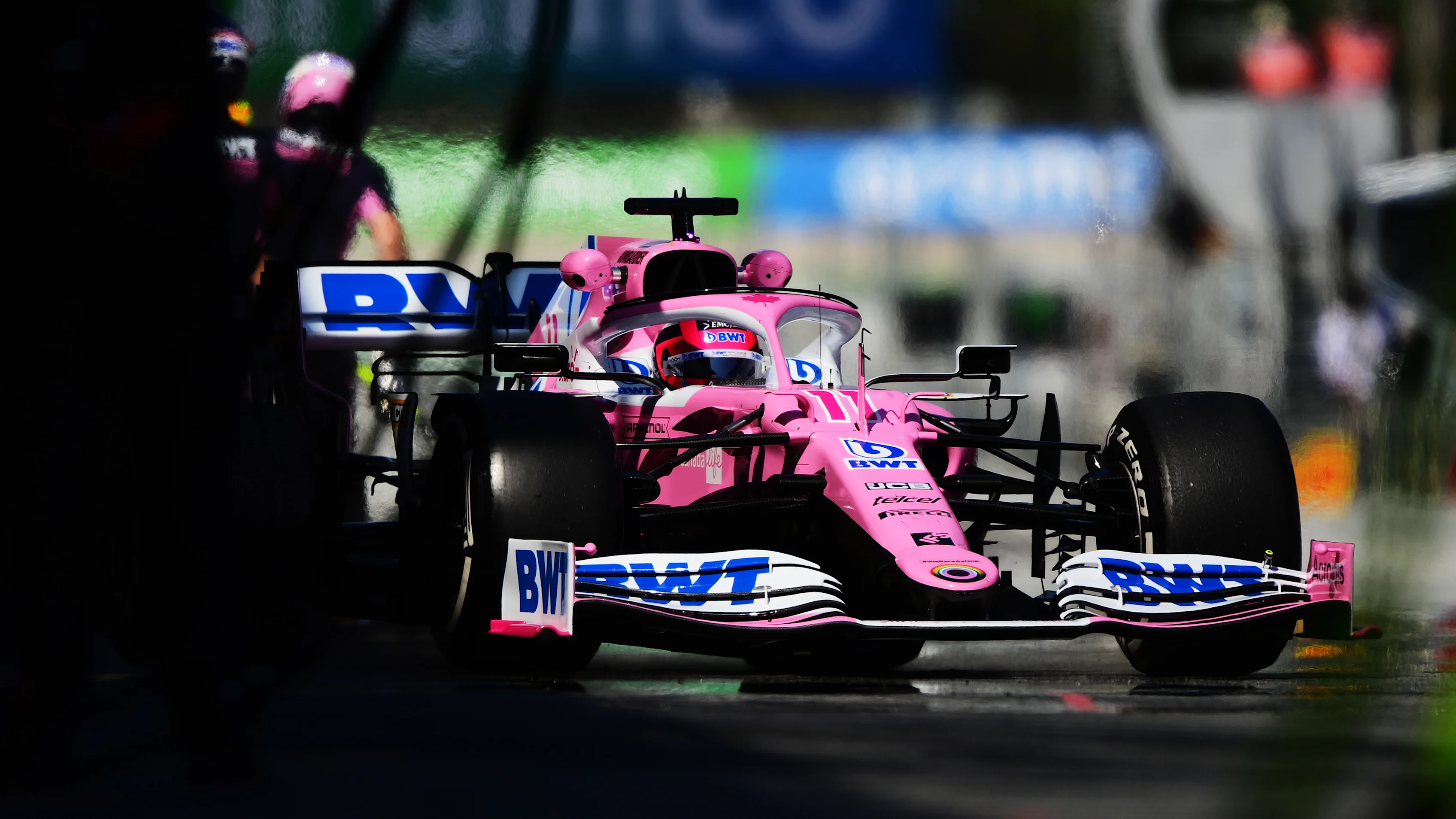 BARCELONA, SPAIN - AUGUST 14: Sergio Perez of Mexico driving the (11) Racing Point RP20 Mercedes in