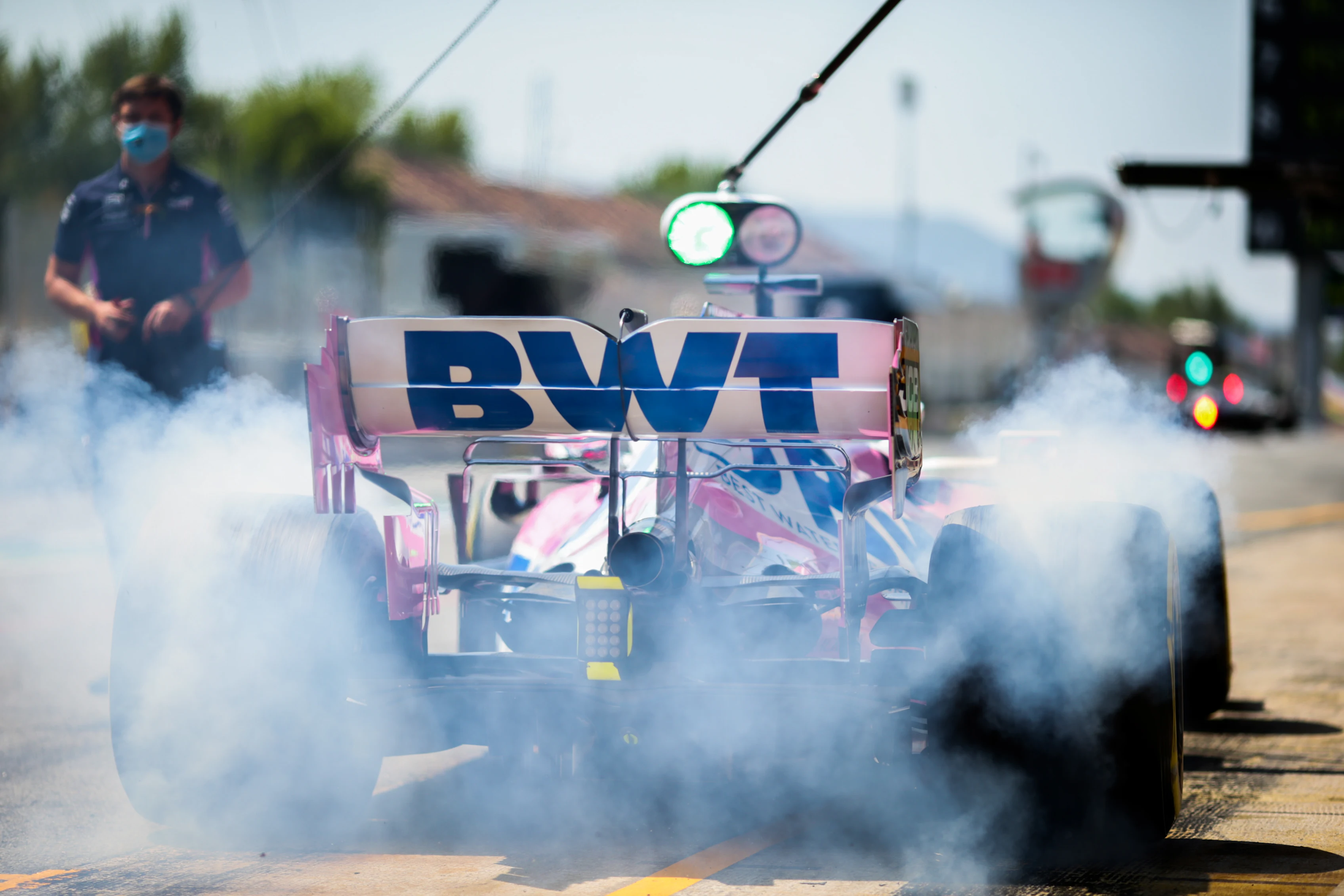 BARCELONA, SPAIN - AUGUST 15: Sergio Perez of Mexico and Racing Point  during final practice for
