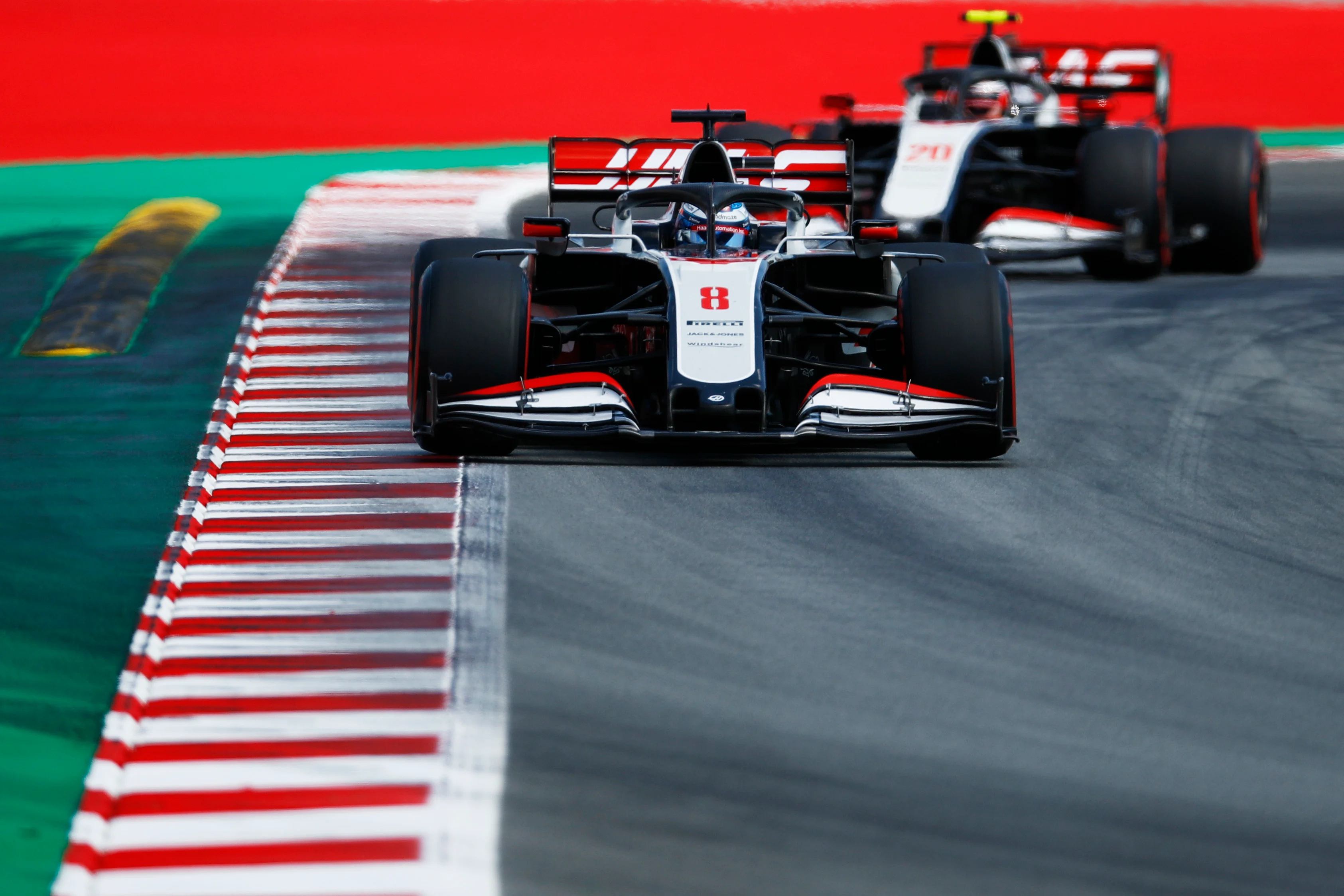 BARCELONA, SPAIN - AUGUST 15: Romain Grosjean of France driving the (8) Haas F1 Team VF-20 Ferrari