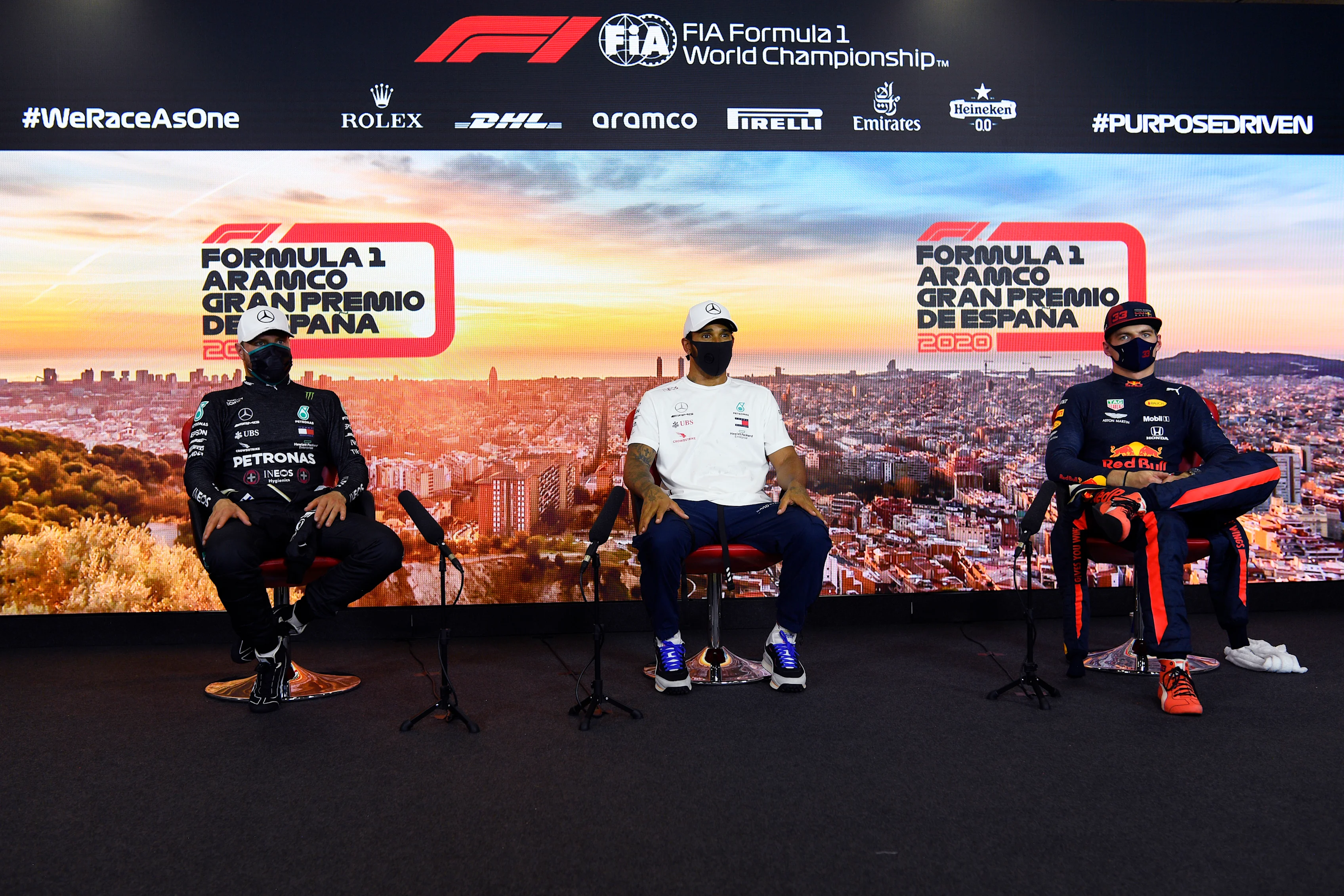 BARCELONA, SPAIN - AUGUST 15: (L-R) Second placed qualifier Valtteri Bottas of Finland and Mercedes