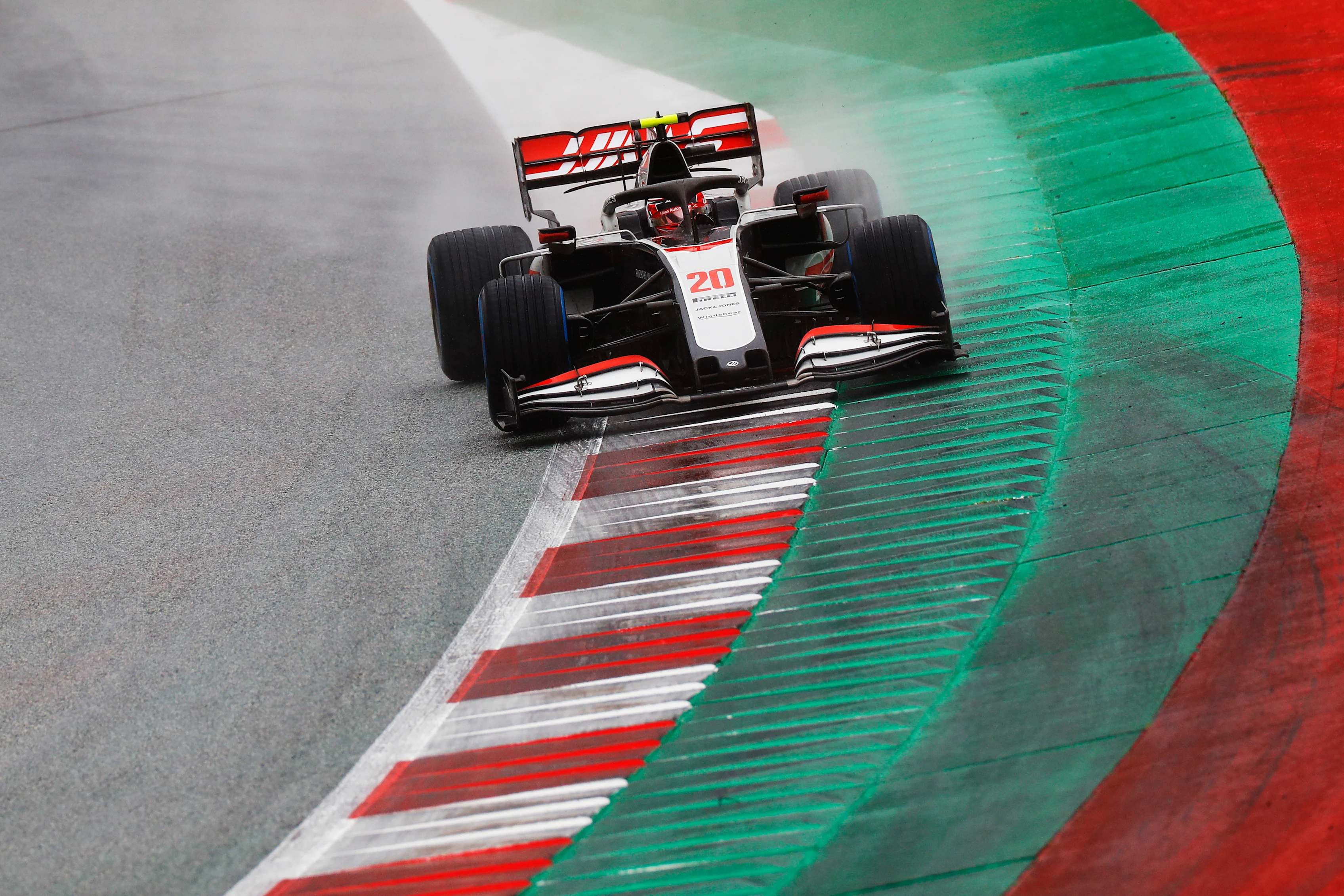 SPIELBERG, AUSTRIA - JULY 11: Kevin Magnussen of Denmark driving the (20) Haas F1 Team VF-20 Ferrari on track during qualifying for the Formula One Grand Prix of Styria at Red Bull Ring on July 11, 2020 in Spielberg, Austria. (Photo by Leonhard Foeger/Pool via Getty Images)