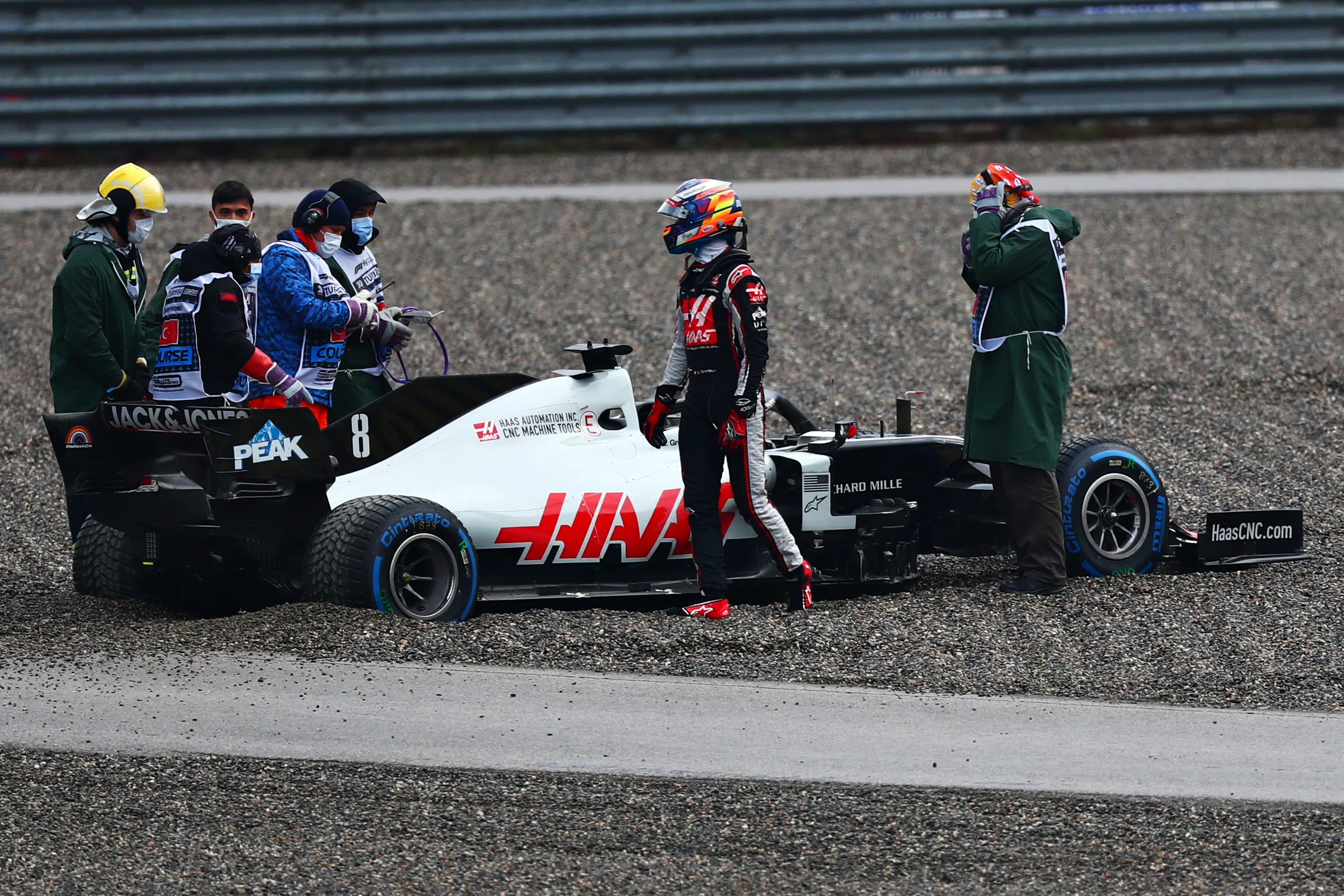 ISTANBUL, TURKEY - NOVEMBER 14: Romain Grosjean of France driving the (8) Haas F1 Team VF-20 Ferrari stops in the gravel during qualifying ahead of the F1 Grand Prix of Turkey at Intercity Istanbul Park on November 14, 2020 in Istanbul, Turkey. (Photo by Dan Istitene - Formula 1/Formula 1 via Getty Images)