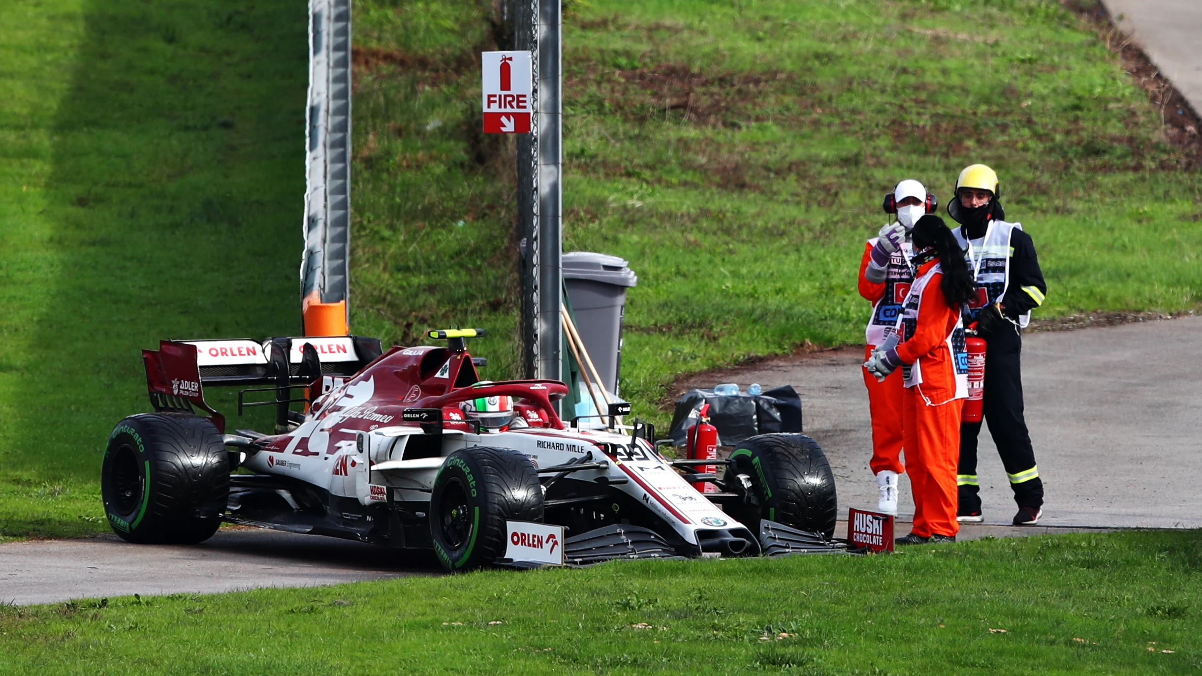 ISTANBUL, TURKEY - NOVEMBER 15: Antonio Giovinazzi of Italy driving the (99) Alfa Romeo Racing C39 Ferrari stops on track during the F1 Grand Prix of Turkey at Intercity Istanbul Park on November 15, 2020 in Istanbul, Turkey. (Photo by Joe Portlock - Formula 1/Formula 1 via Getty Images)