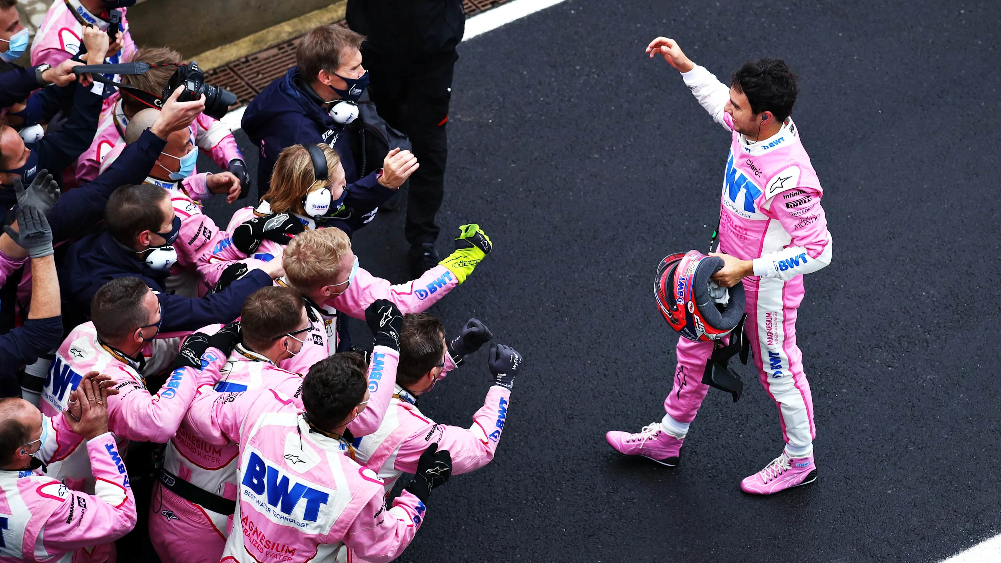 ISTANBUL, TURKEY - NOVEMBER 15: Second placed Sergio Perez of Mexico and Racing Point celebrates